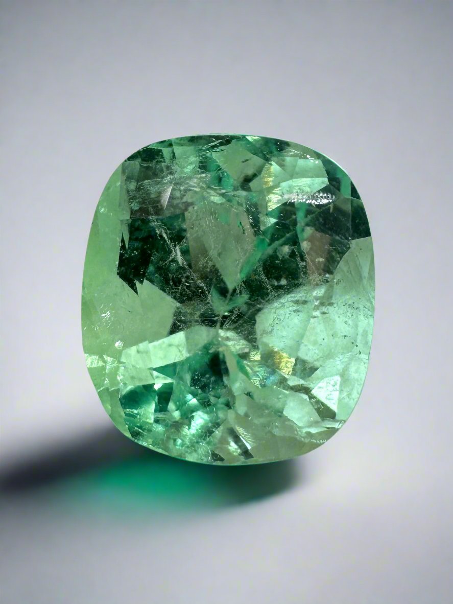 4.13 Carat 10x9 Pastel Yellowish Green Natural Loose Colombian Emerald-Cushion Cut - JR Colombian Emeralds