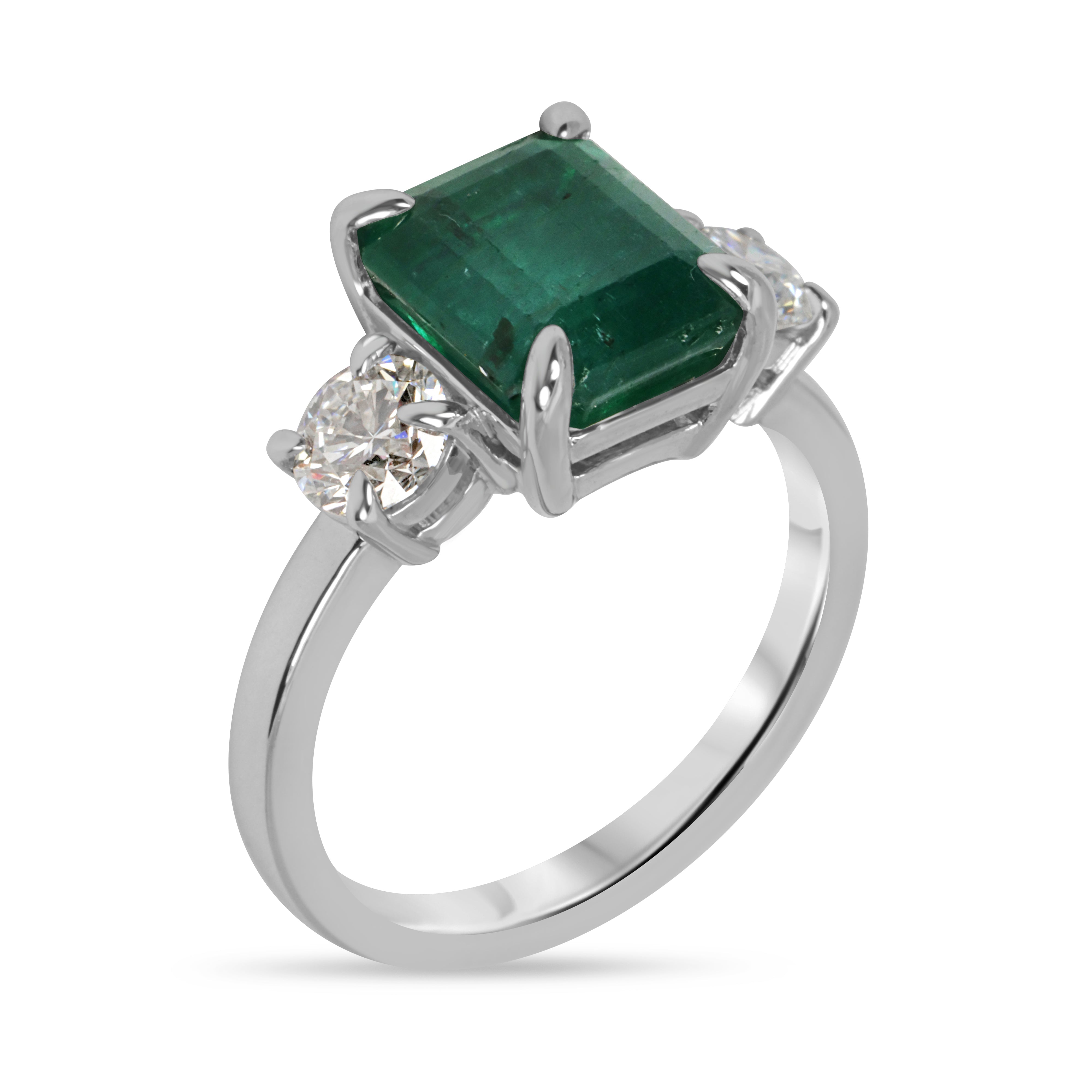 4.31tcw 14K Natural Emerald Cut Emerald & LAB Round Diamond Three Stone Ring