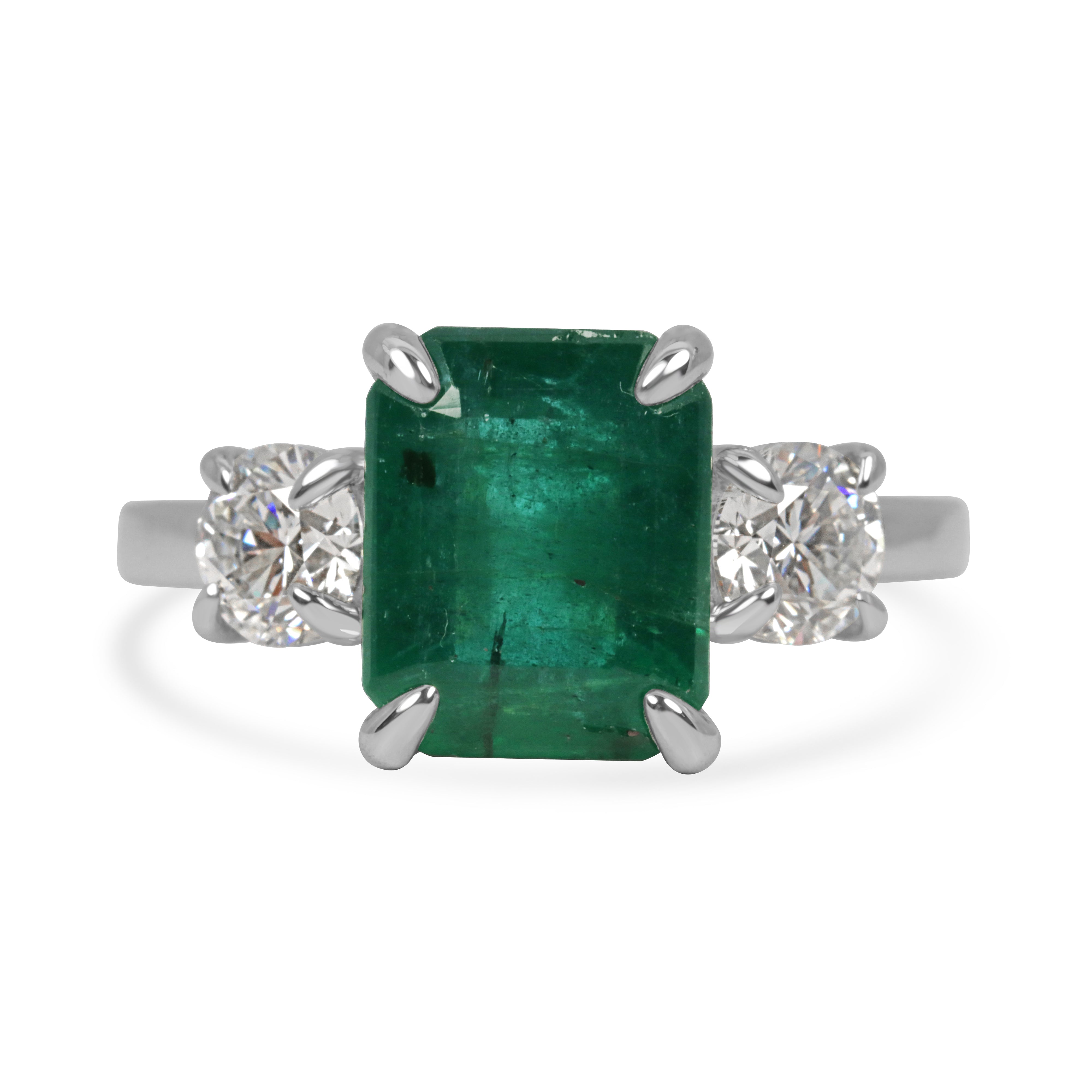 4.31tcw 14K Natural Emerald Cut Emerald & LAB Round Diamond Three Stone Ring
