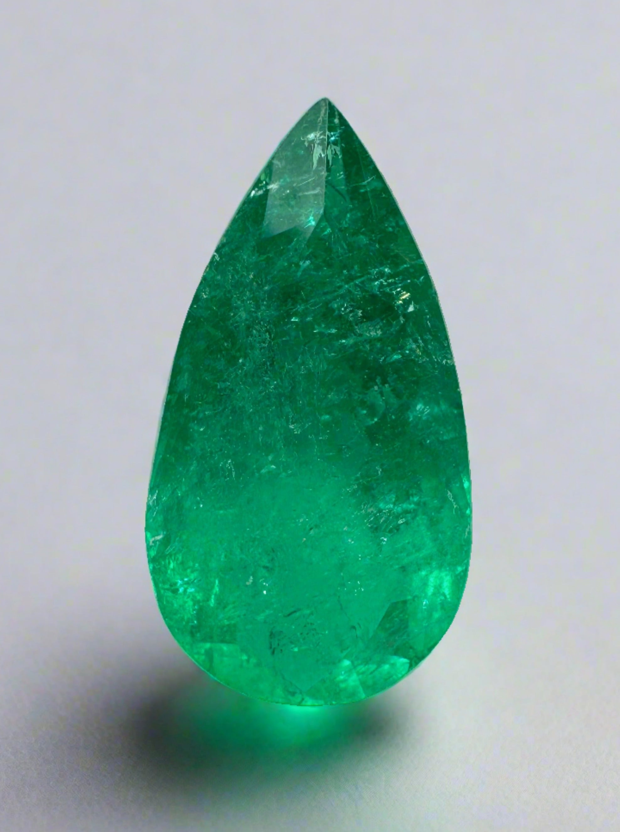 Rich green 16x9 Colombian emerald loose gemstone with pear cut, 4.34 carats, from JR Colombian Emeralds.