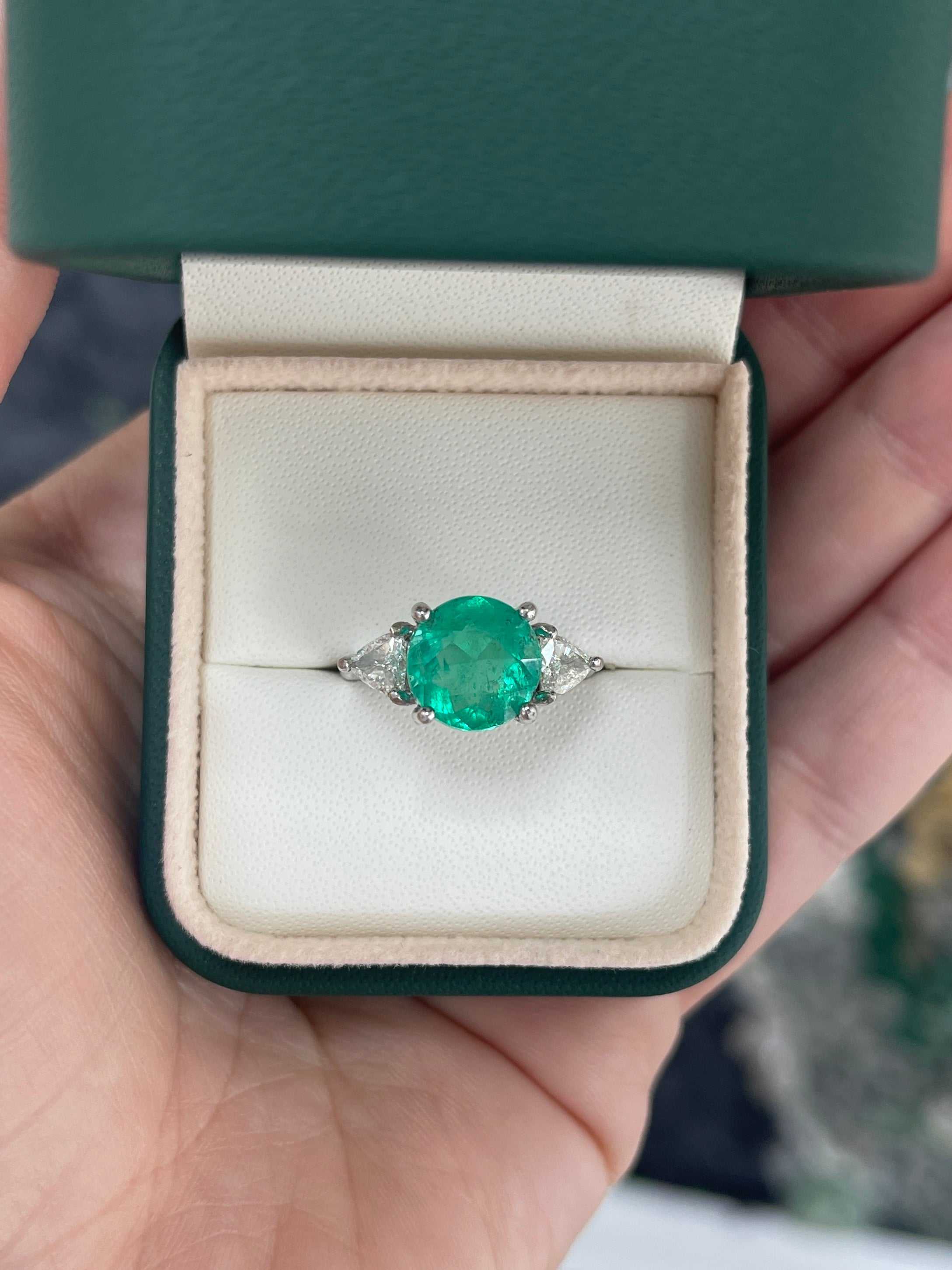 4.39tcw 14K Rare Round Colombian Emerald & Trillion Diamond Three Stone Ring - JR Colombian Emeralds