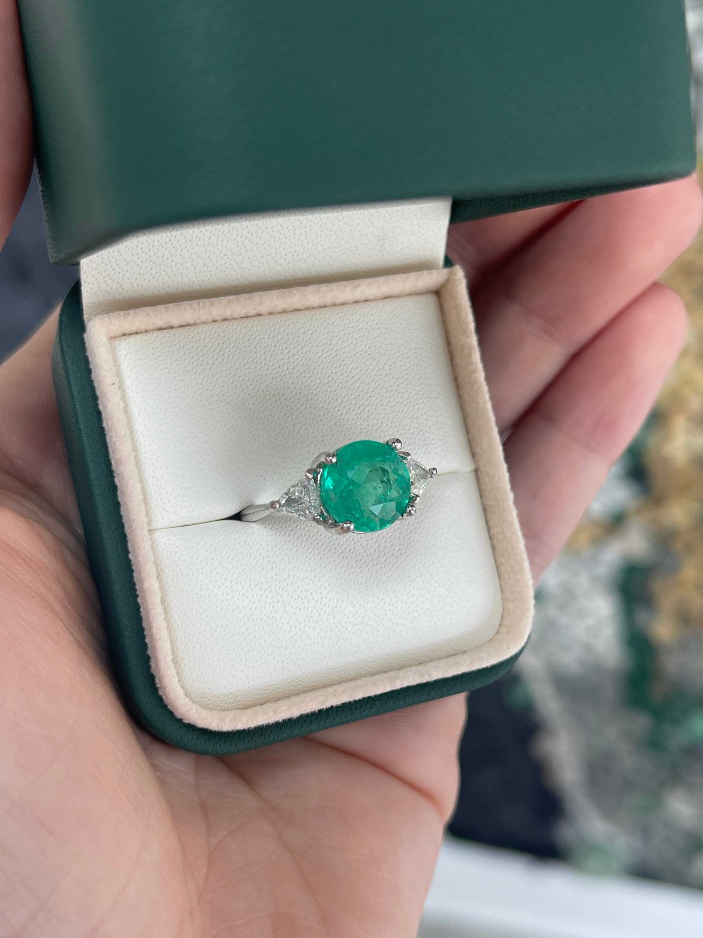 4.39tcw 14K Rare Round Colombian Emerald & Trillion Diamond Three Stone Ring - JR Colombian Emeralds