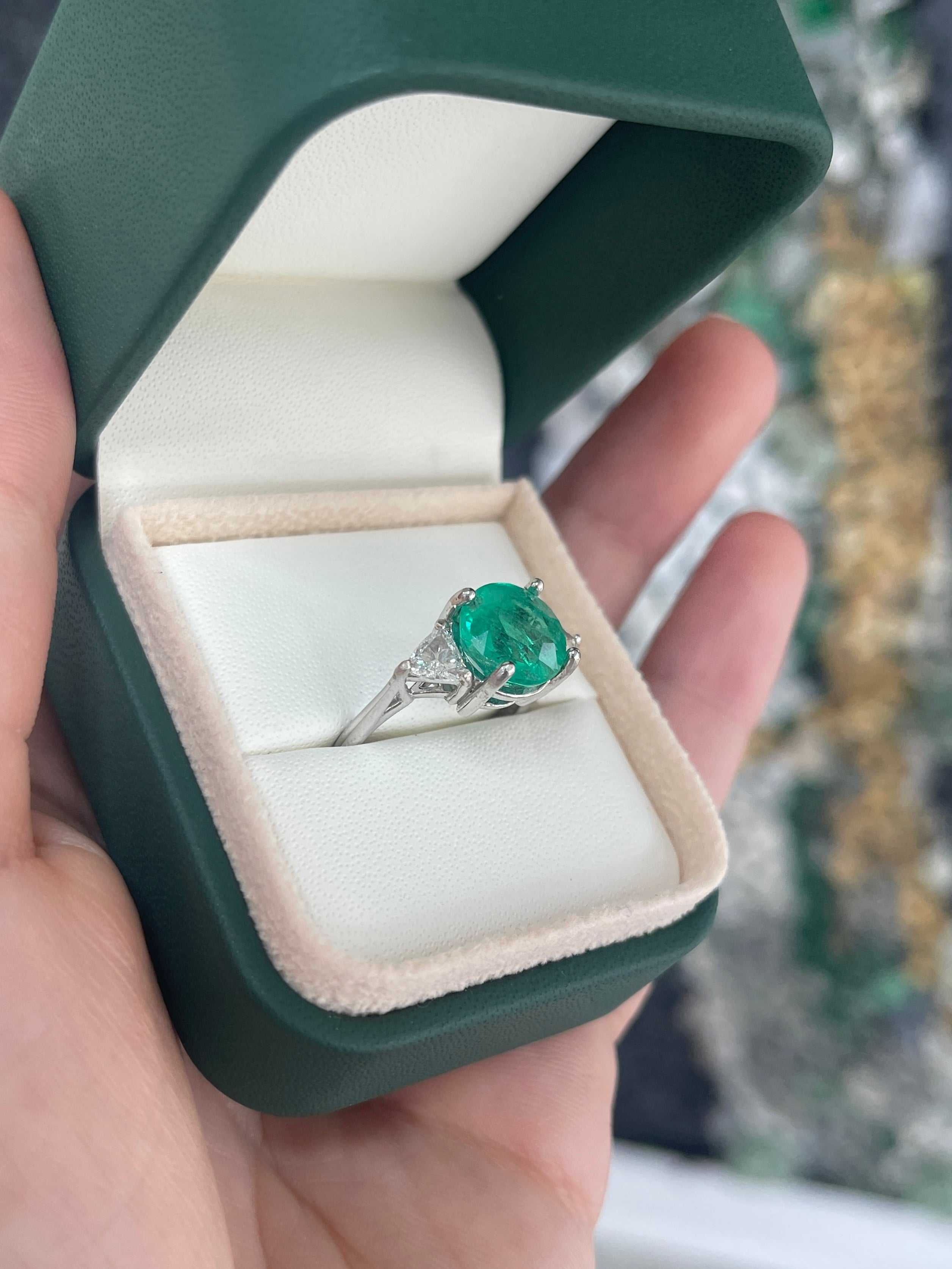 4.39tcw 14K Rare Round Colombian Emerald & Trillion Diamond Three Stone Ring - JR Colombian Emeralds