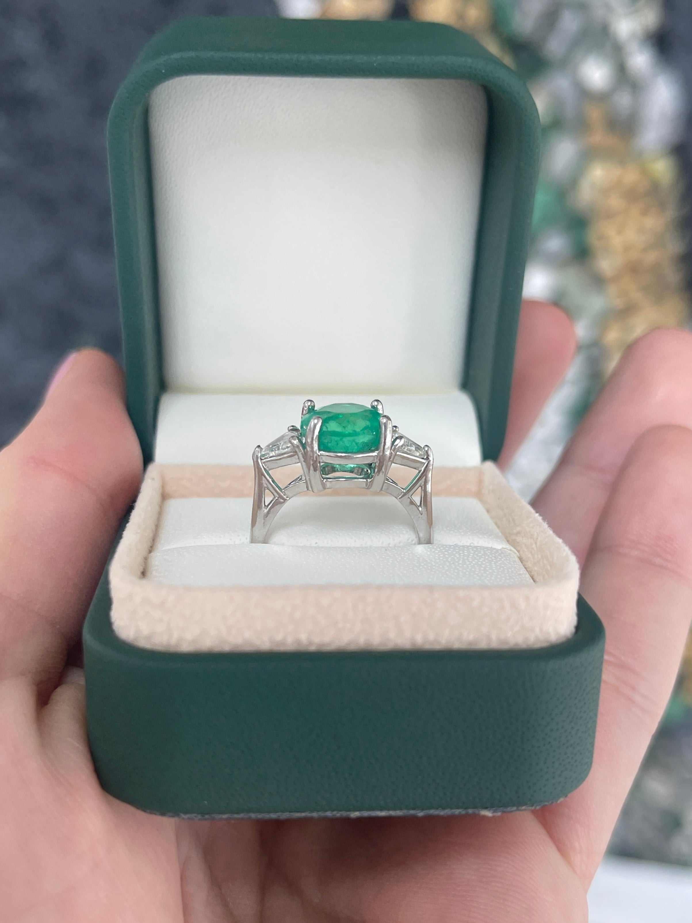 4.39tcw 14K Rare Round Colombian Emerald & Trillion Diamond Three Stone Ring - JR Colombian Emeralds