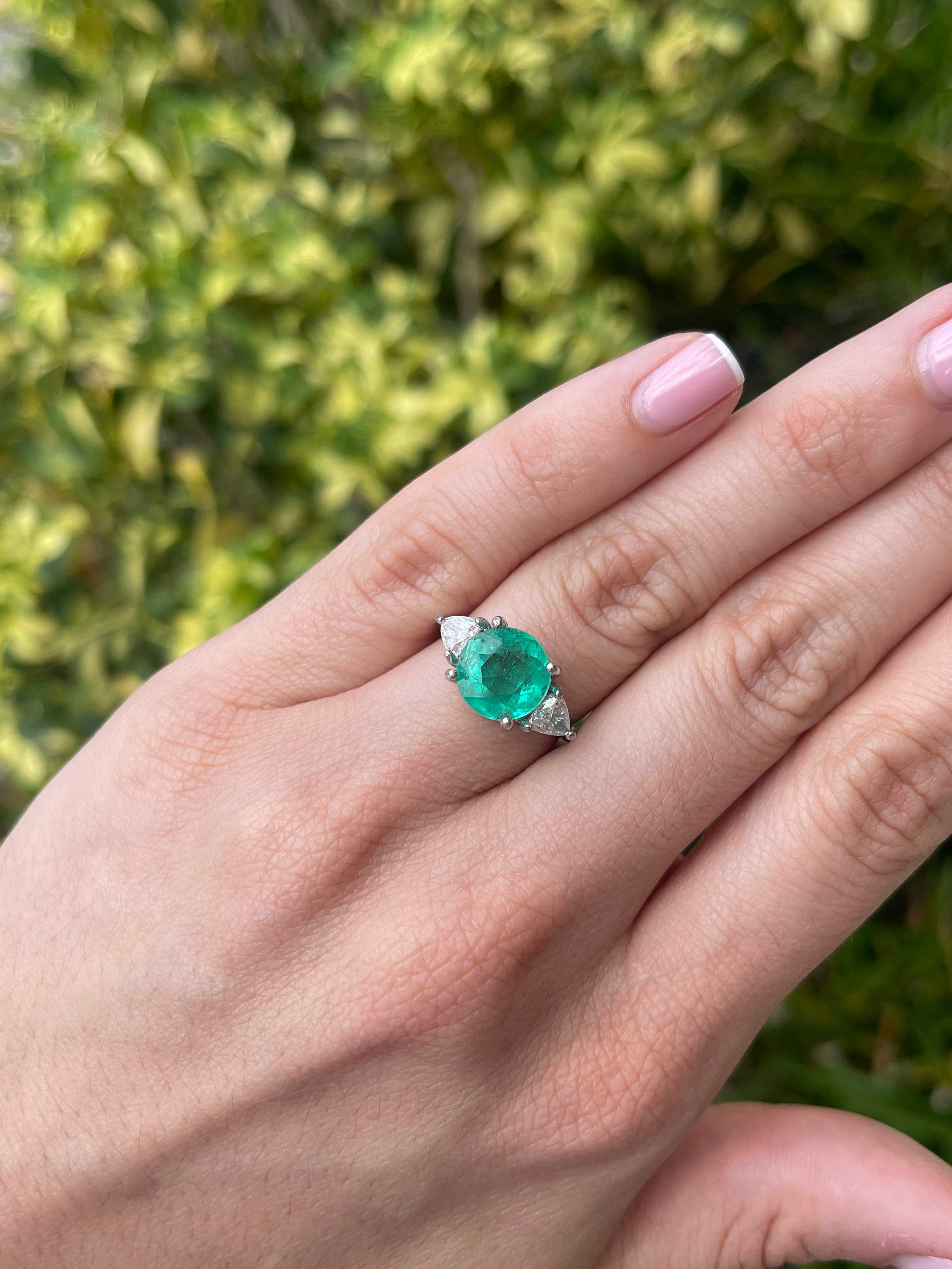 4.39tcw 14K Rare Round Colombian Emerald & Trillion Diamond Three Stone Ring - JR Colombian Emeralds