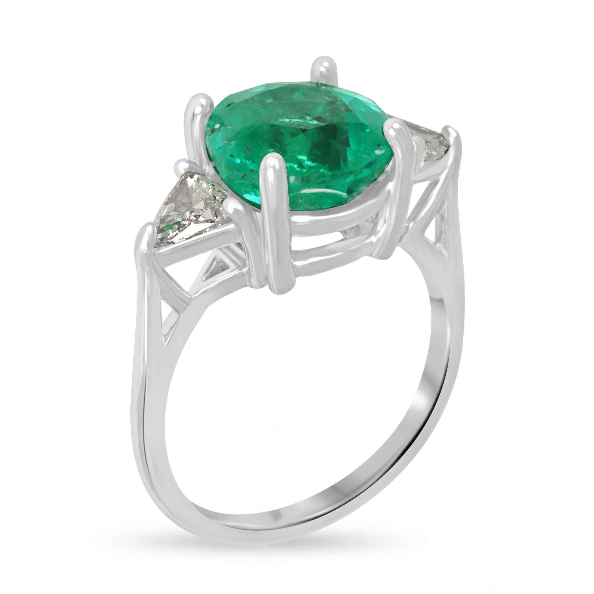 4.39tcw 14K Rare Round Colombian Emerald & Trillion Diamond Three Stone Ring - JR Colombian Emeralds