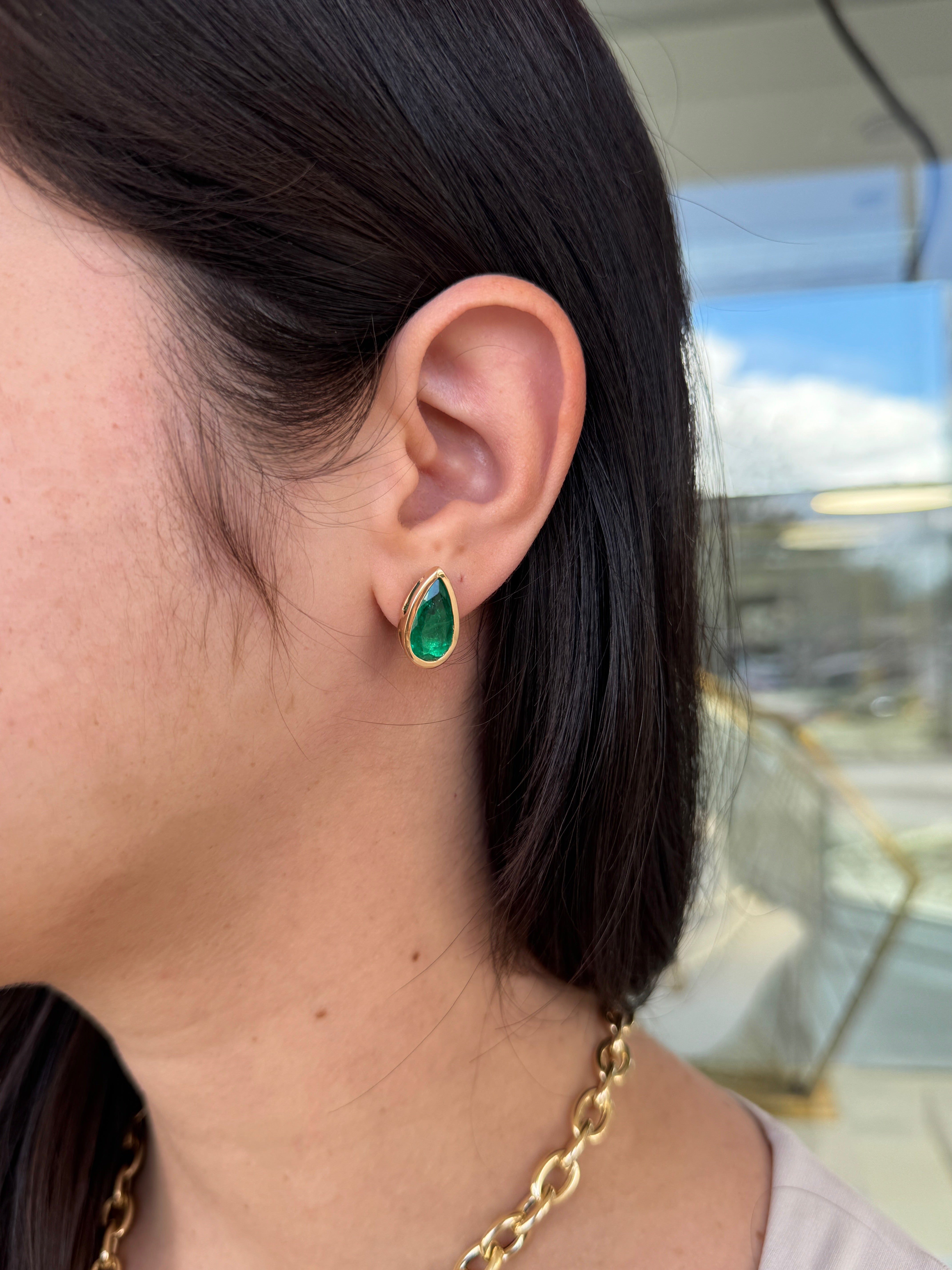 4.52tcw AAA+ Bezel Set Teardrop Colombian Emerald Studs 18K
