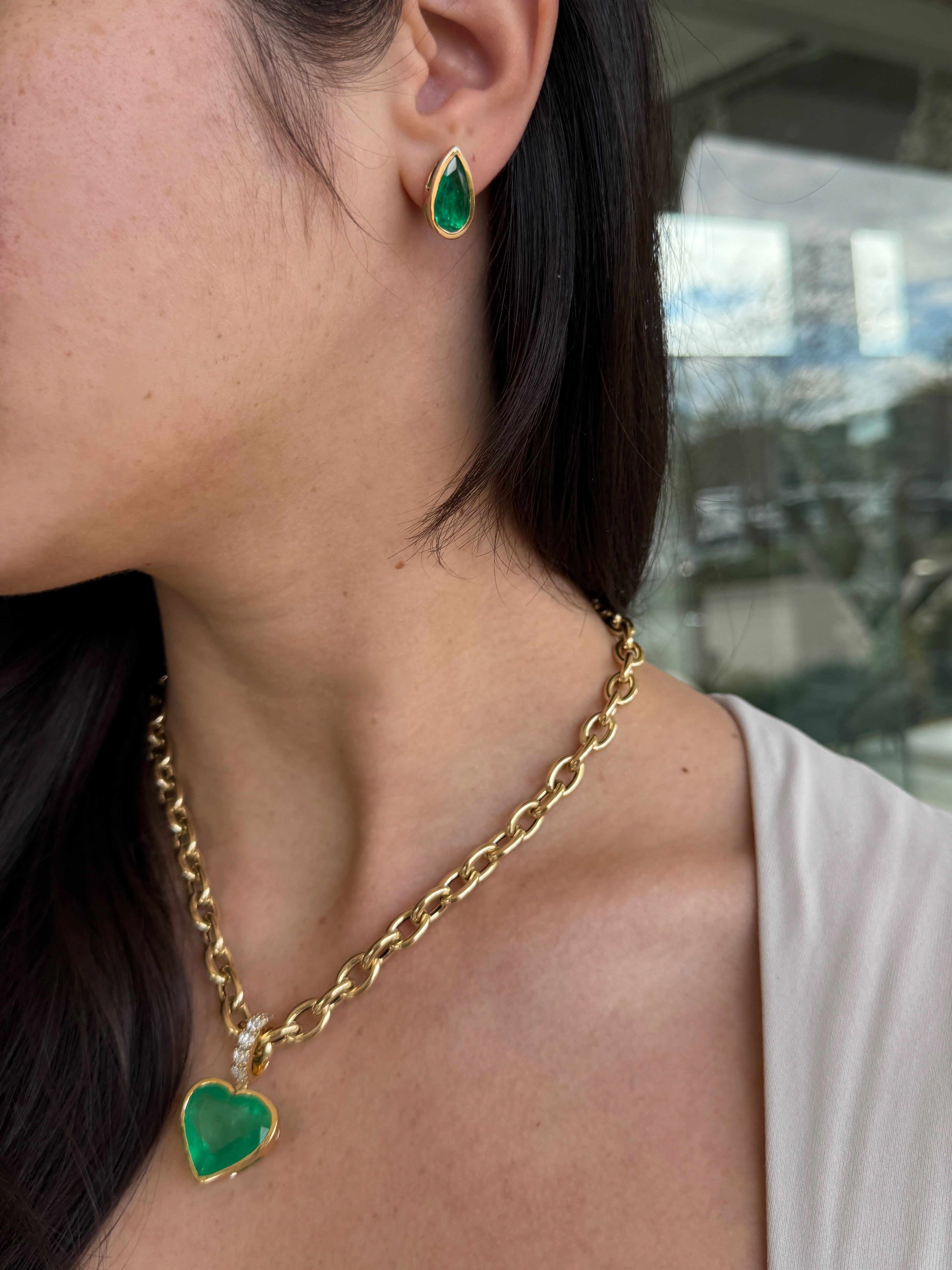 4.52tcw AAA+ Bezel Set Teardrop Colombian Emerald Studs 18K