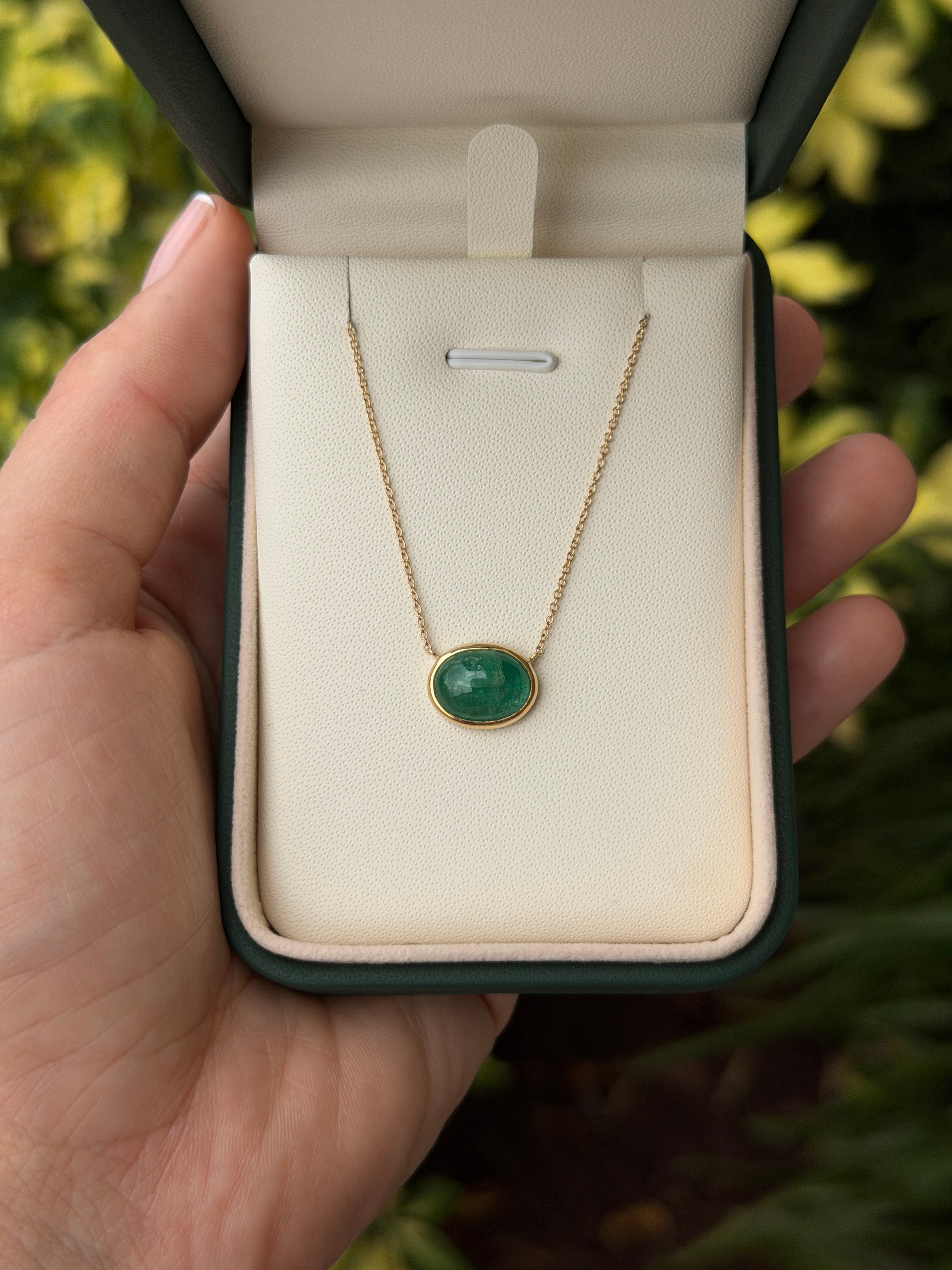 4.54 Carat East to West Emerald Cabochon Bezel Necklace 14K