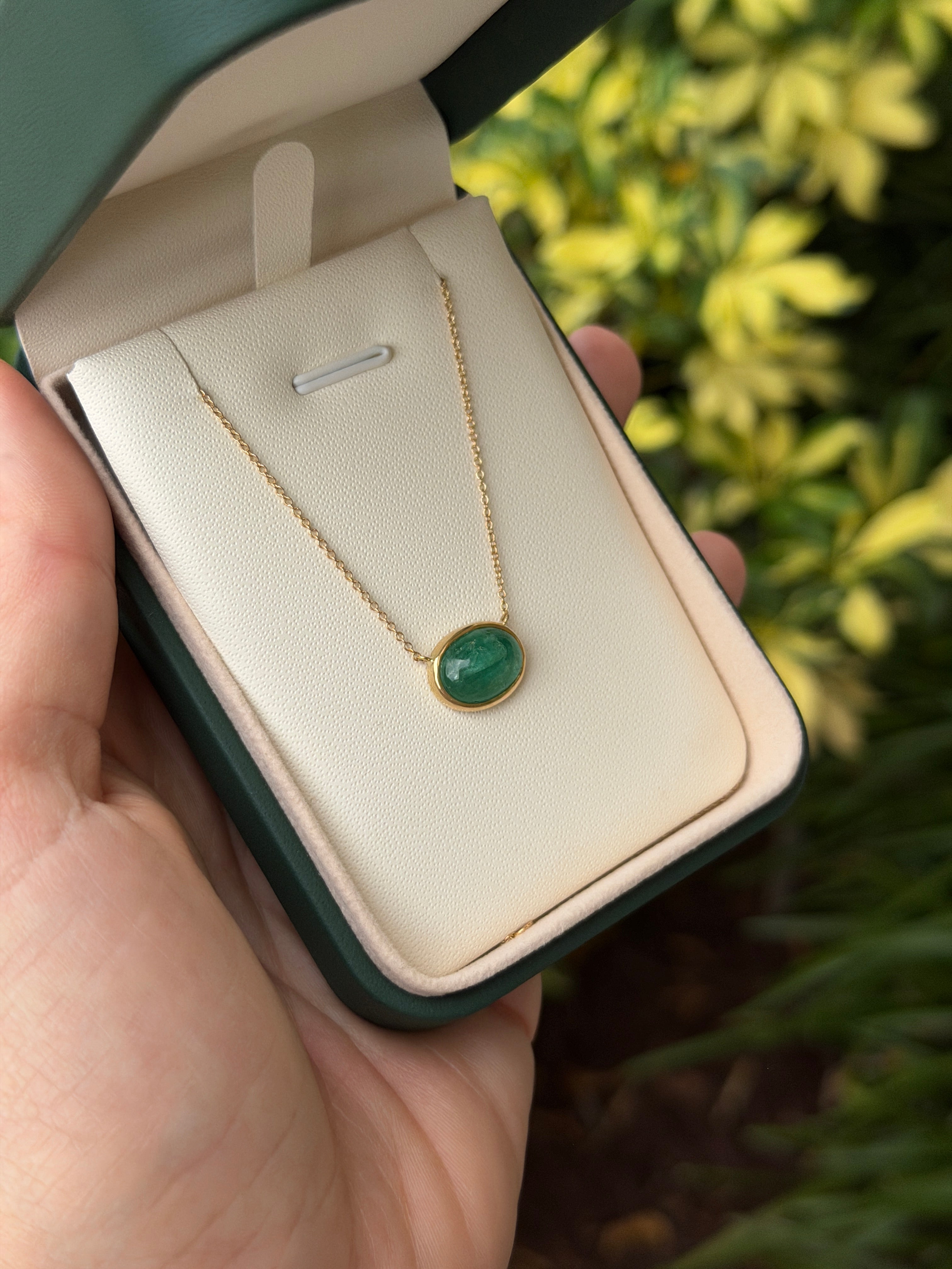 4.54 Carat East to West Emerald Cabochon Bezel Necklace 14K