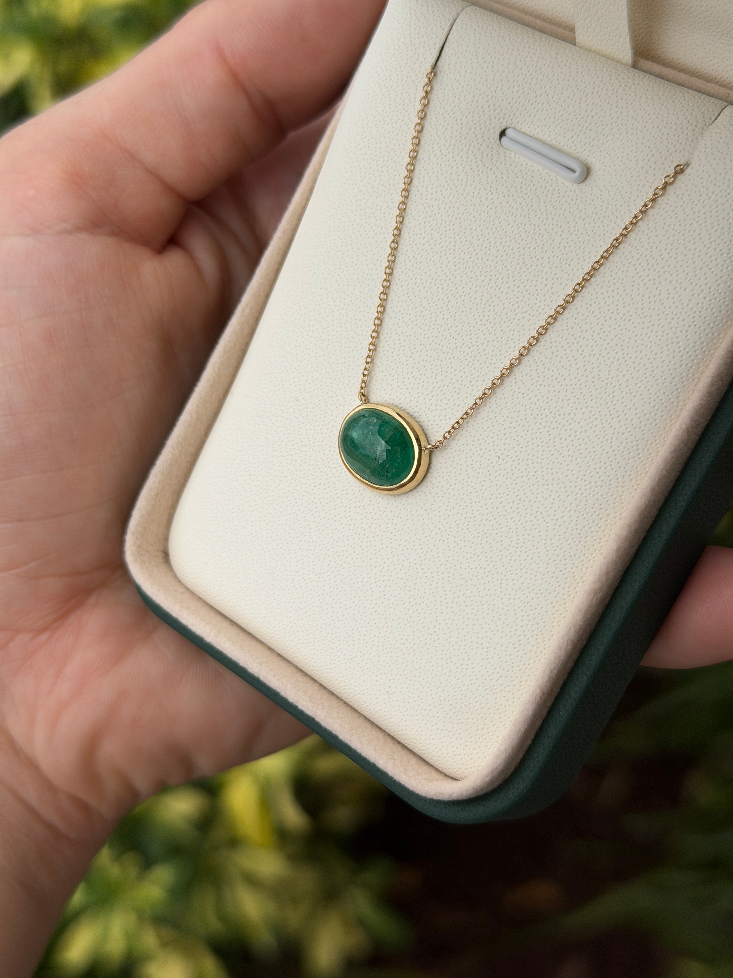 4.54 Carat East to West Emerald Cabochon Bezel Necklace 14K