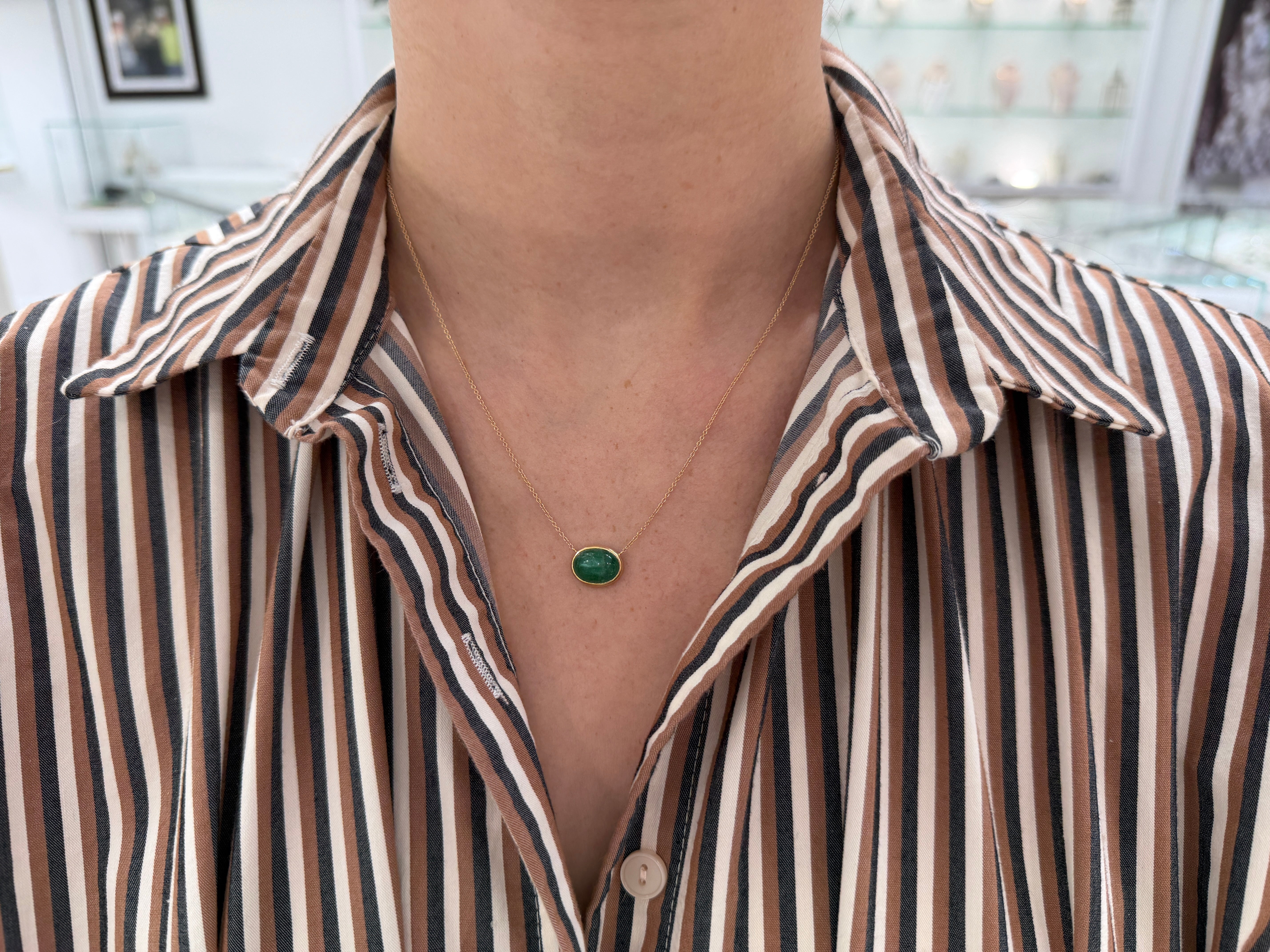 4.54 Carat East to West Emerald Cabochon Bezel Necklace 14K