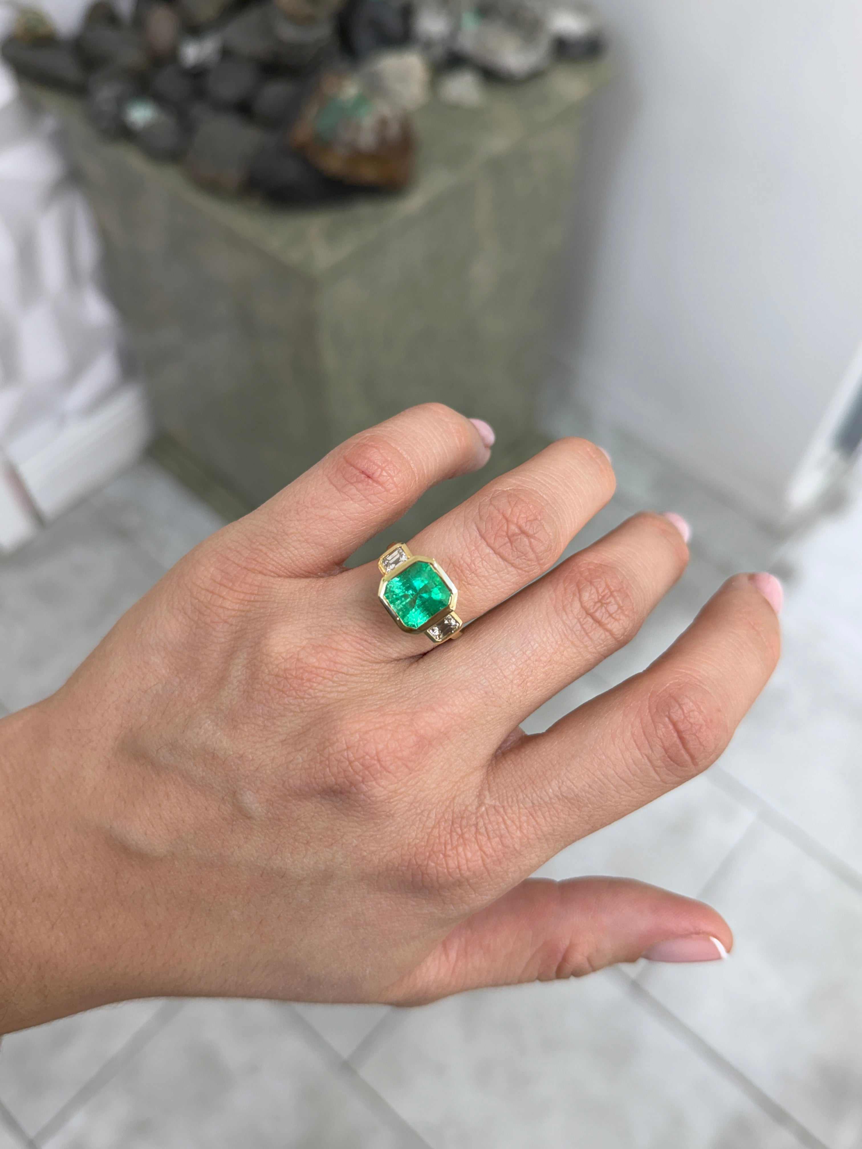 4.68tcw Bezel Set Three Stone Asscher Cut Emerald & Emerald Cut Diamon