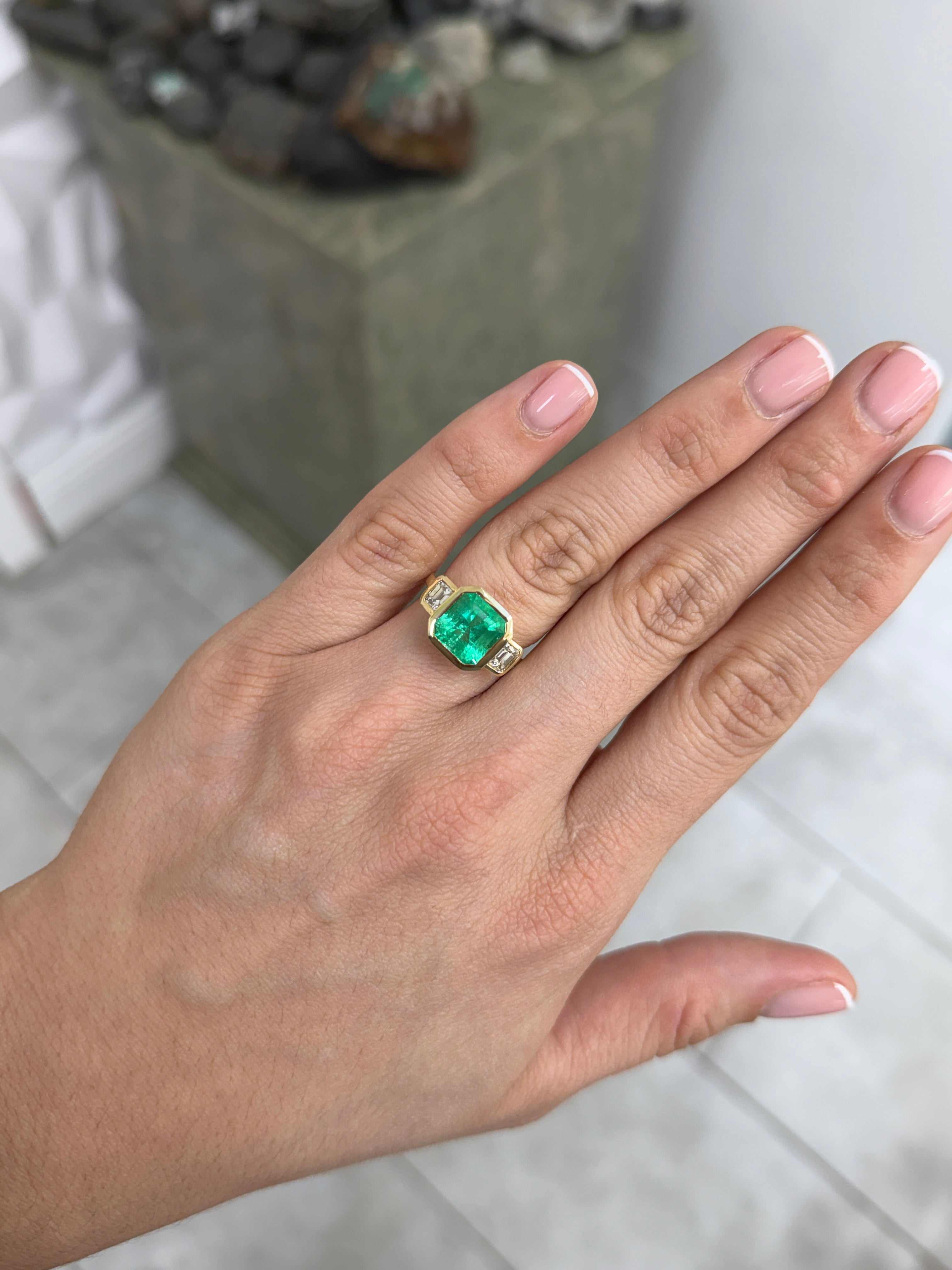 4.68tcw Bezel Set Three Stone Asscher Cut Emerald & Emerald Cut Diamon