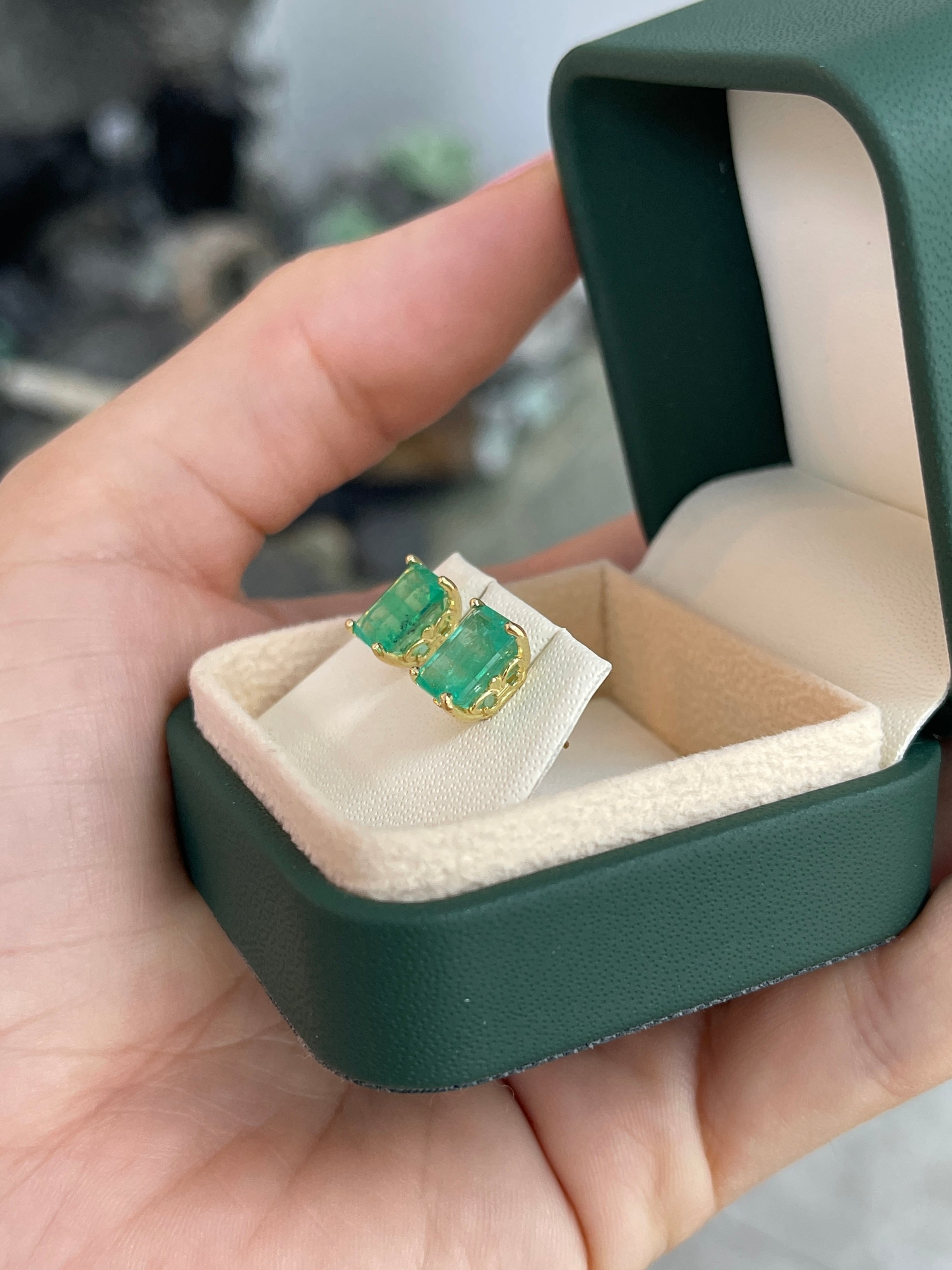 4.69tcw Fleur De Lis Emerald Cut Colombian Emerald Stud Earrings 18K - JR Colombian Emeralds