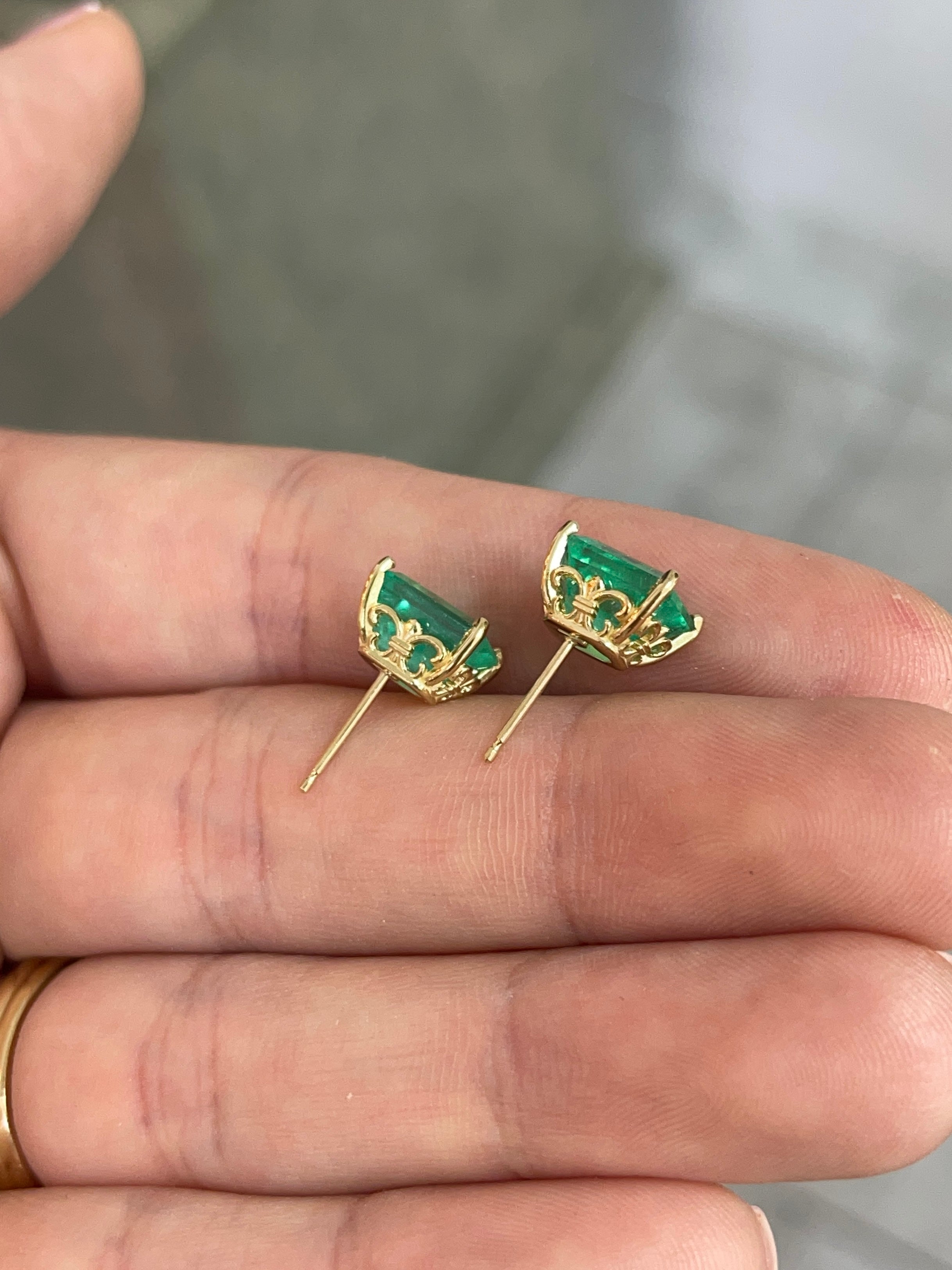 4.69tcw Fleur De Lis Emerald Cut Colombian Emerald Stud Earrings 18K - JR Colombian Emeralds