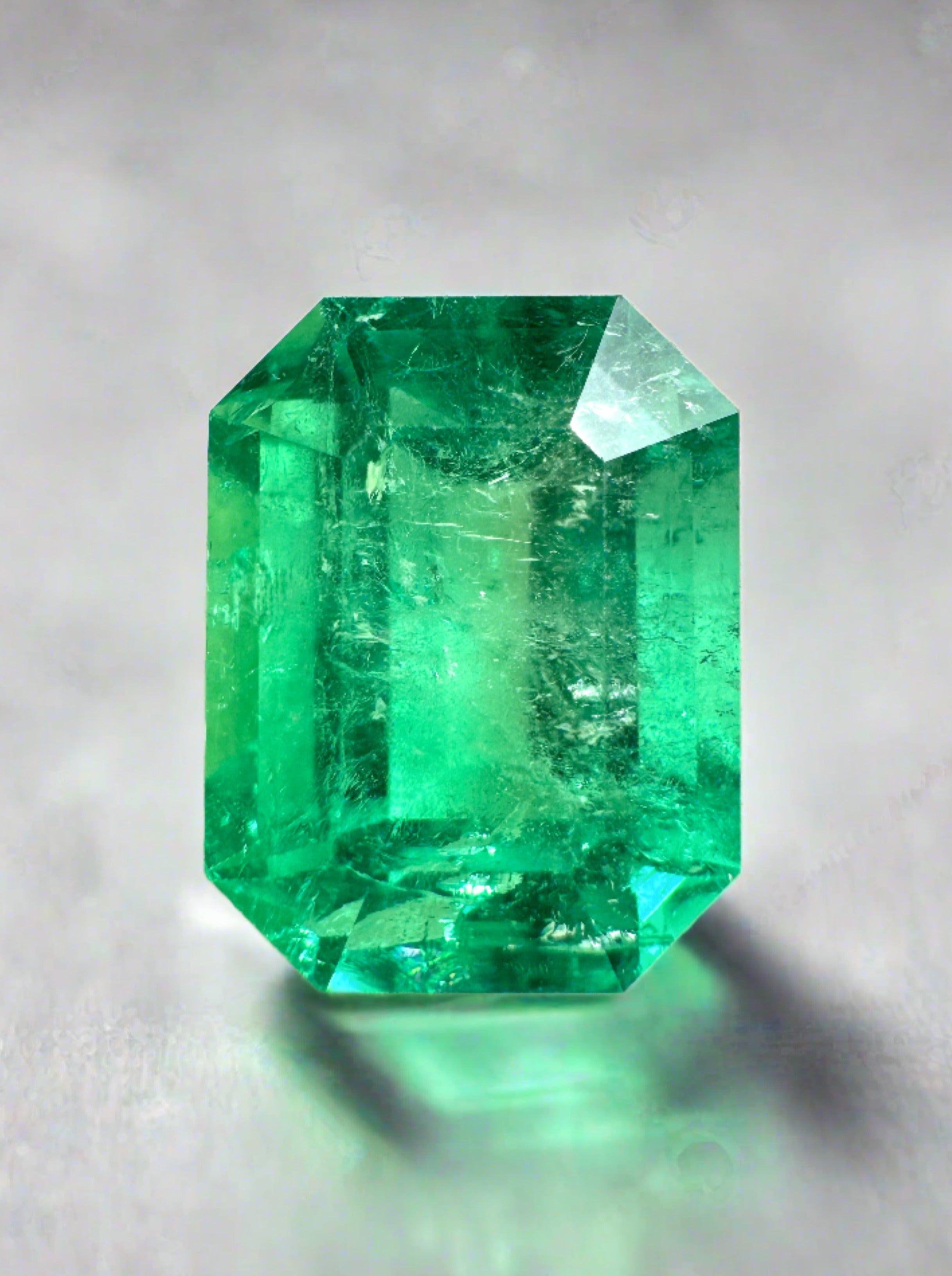 4.70 carat yellowish green natural Colombian emerald in classic emerald cut, loose gemstone from JR Colombian Emeralds.