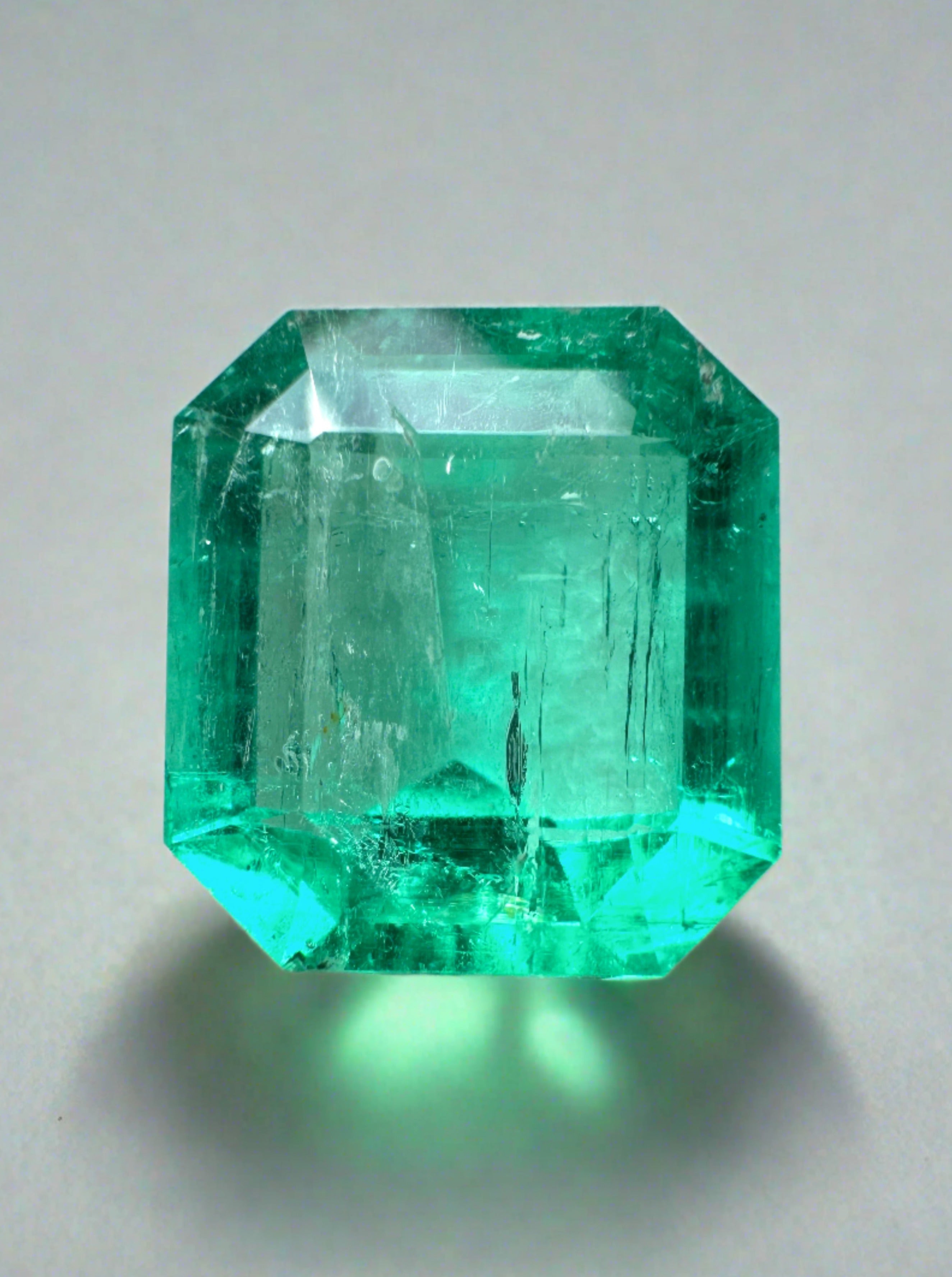 4.72 carat bluish natural Colombian emerald loose gemstone in Asscher cut, showcasing vibrant color and clarity.