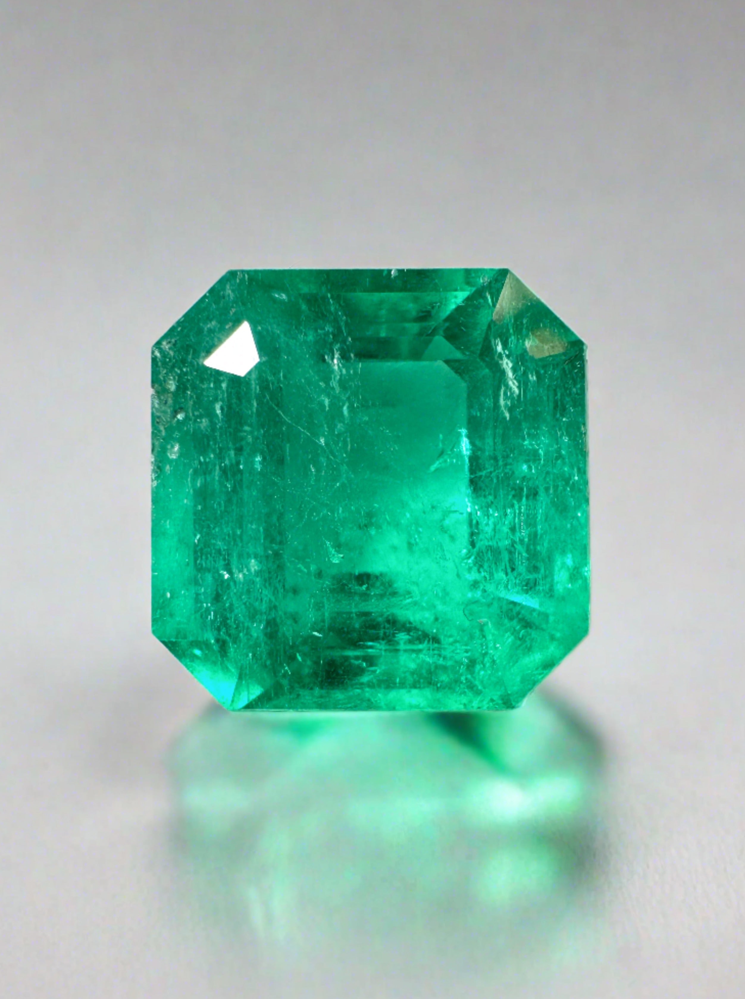 Deep bluish green 4.75 carat Colombian emerald, Asscher cut, natural loose gemstone with minor oil treatment by JR Colombian Emeralds.