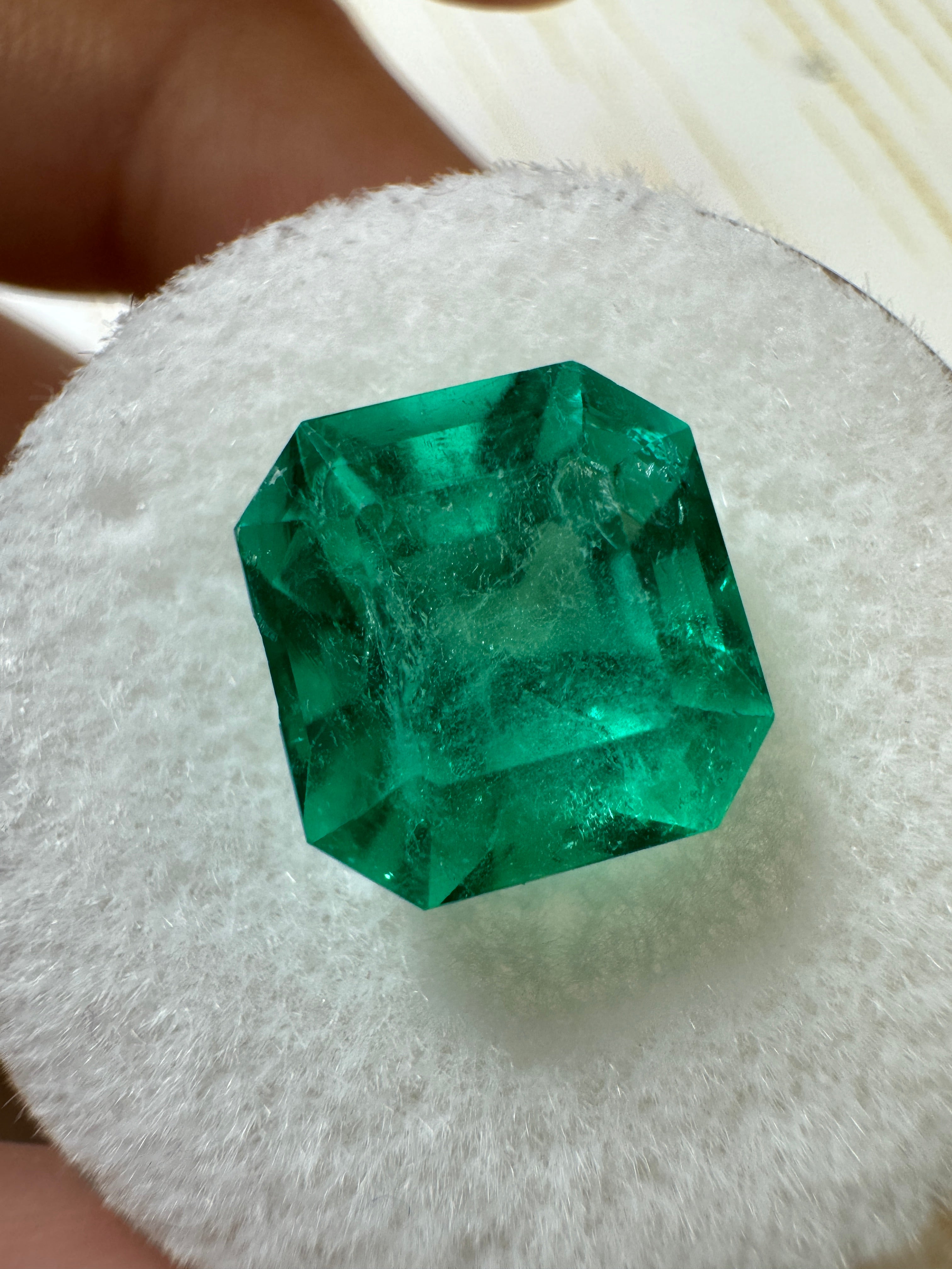 4.83 carat bluish Colombian emerald loose Asscher cut gemstone, showcasing vibrant color and clarity, by JR Colombian Emeralds.