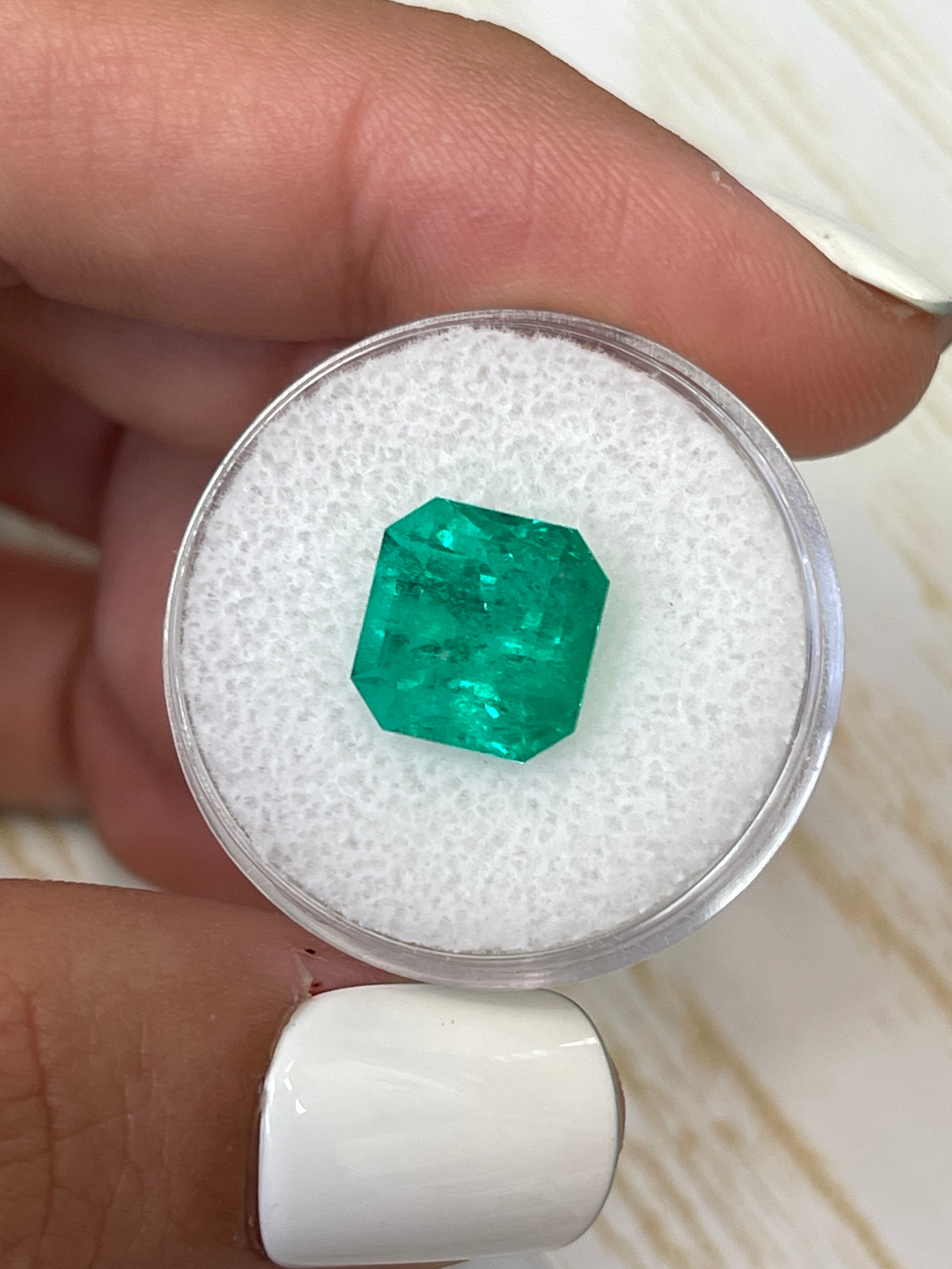 Vibrant 4.83 carat Colombian emerald in 10x10mm Asscher cut, loose gemstone from JR Colombian Emeralds.