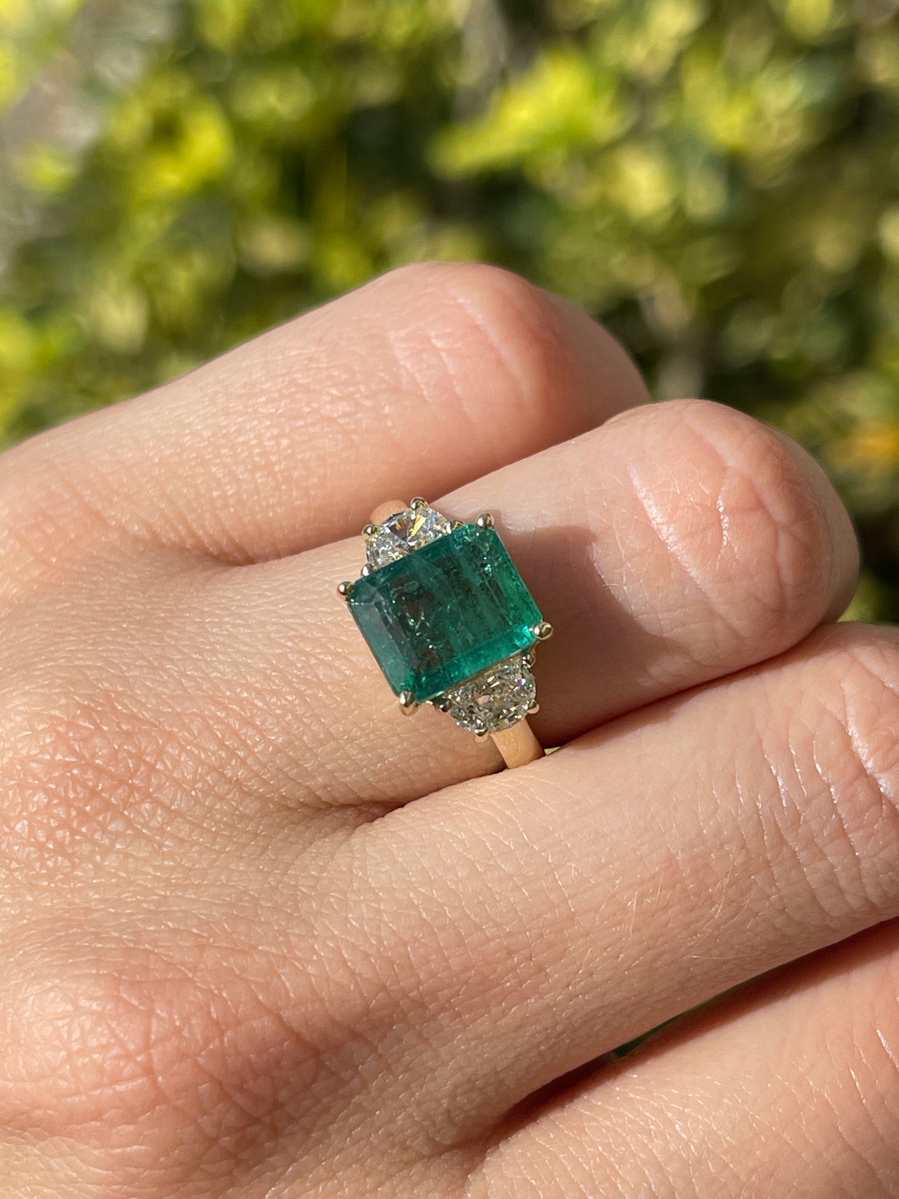 14K three stone ring featuring 4.88tcw natural emerald and lab-created half moon diamonds by JR Colombian Emeralds