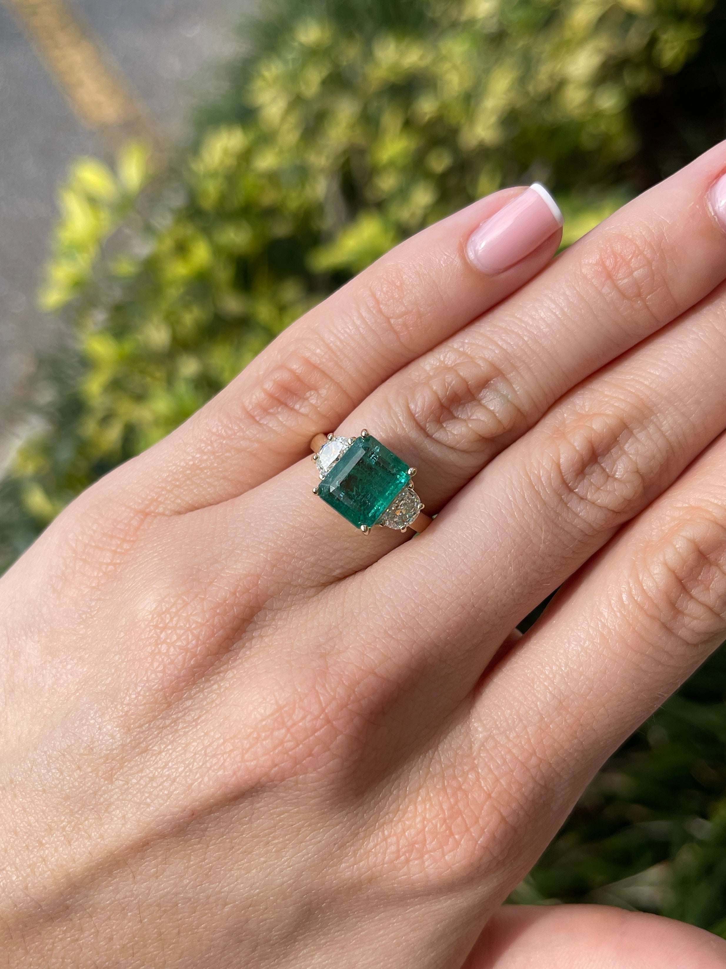 14K three stone ring featuring 4.88ctw natural emerald and lab-grown half moon diamonds by JR Colombian Emeralds.