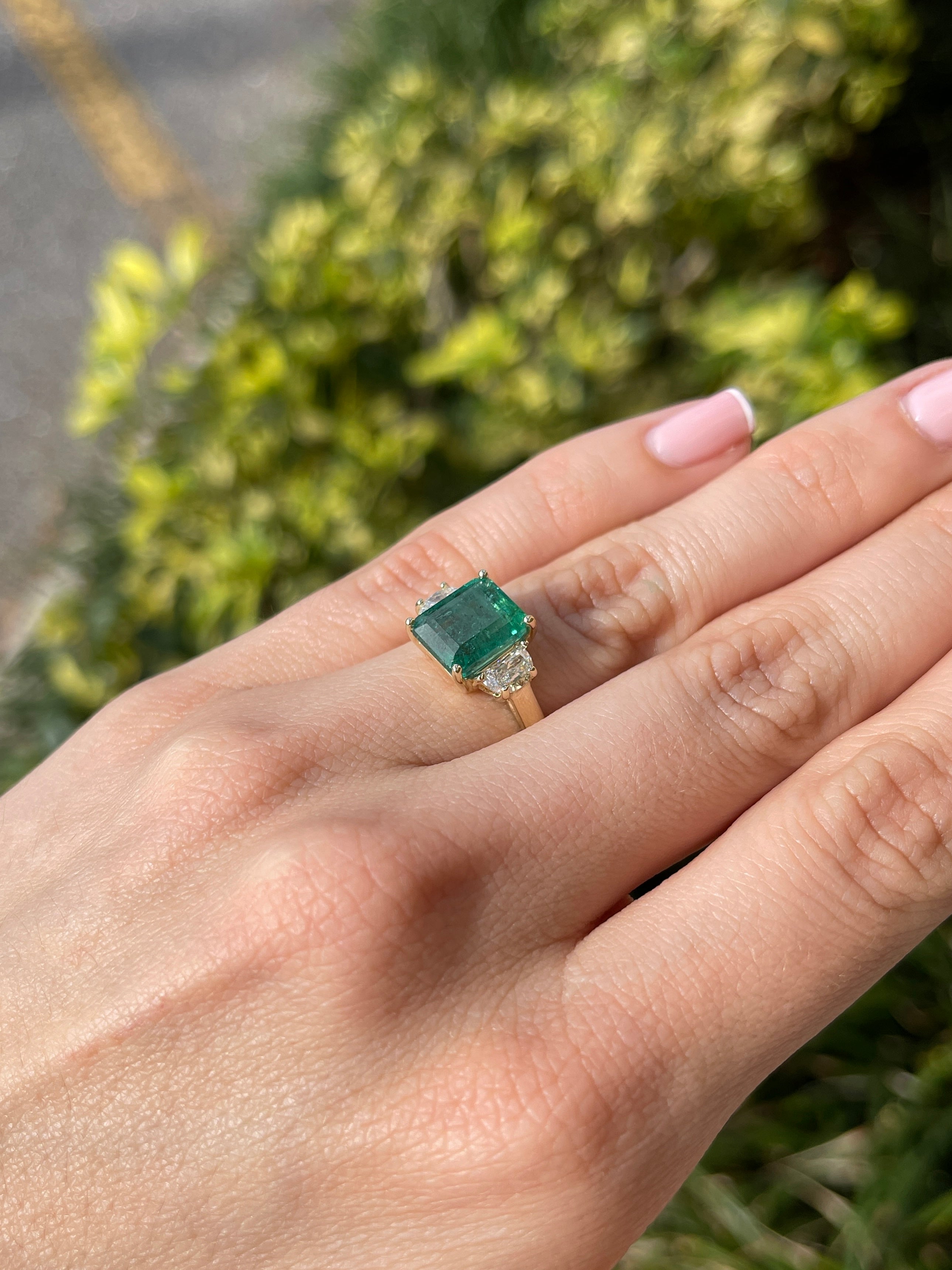 14K gold three-stone ring with 4.88 carats of natural emeralds and lab-grown half moon diamonds, designed by JR Colombian Emeralds.