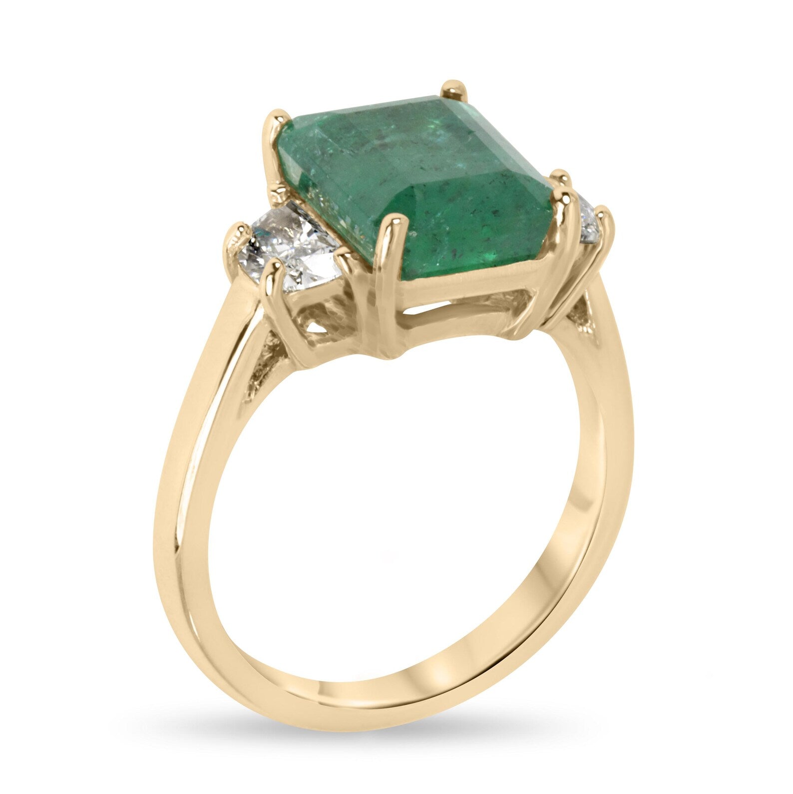 14K three-stone ring featuring a 4.88tcw natural emerald and lab diamond half moon accents by JR Colombian Emeralds