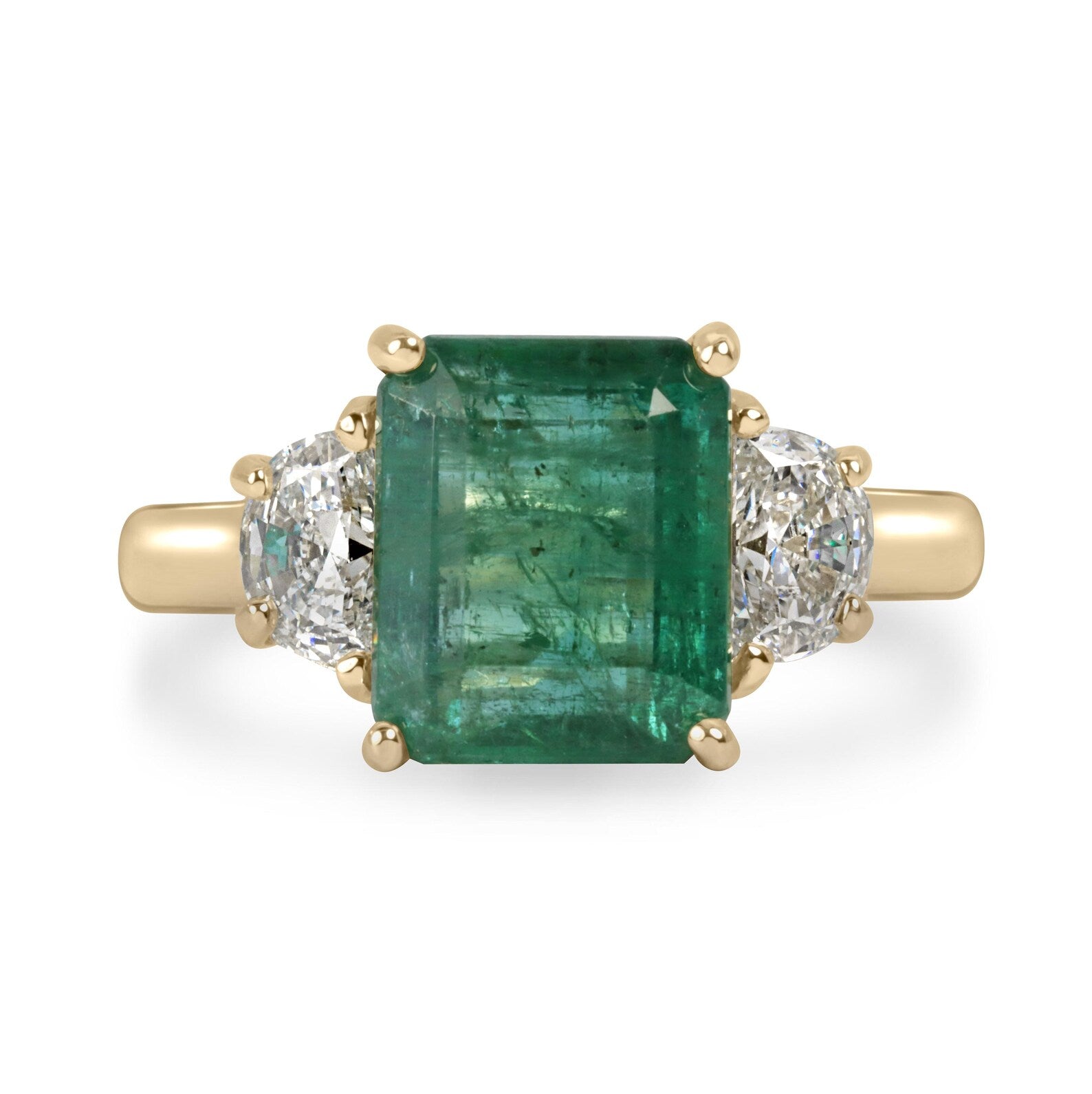 14K three-stone ring with 4.88tcw natural emerald and lab-created half moon diamonds, featuring a JR Colombian Emeralds design