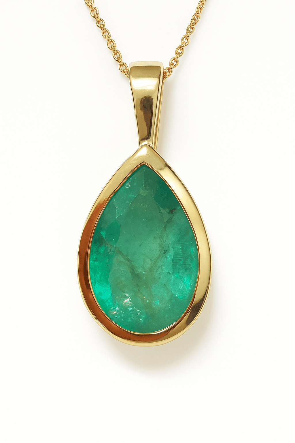 4.90 carat pear cut Colombian emerald bezel set in 14K yellow gold necklace with 18 inch chain