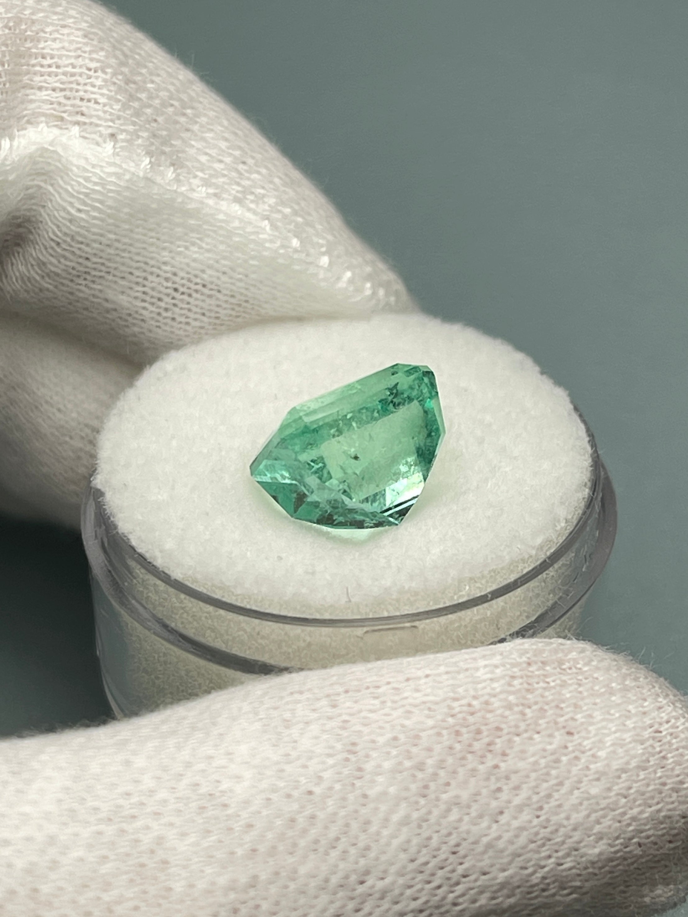 Natural loose Colombian emerald, 4.91 carats, 10x8.5mm emerald cut, pastel bluish-green, from JR Colombian Emeralds.