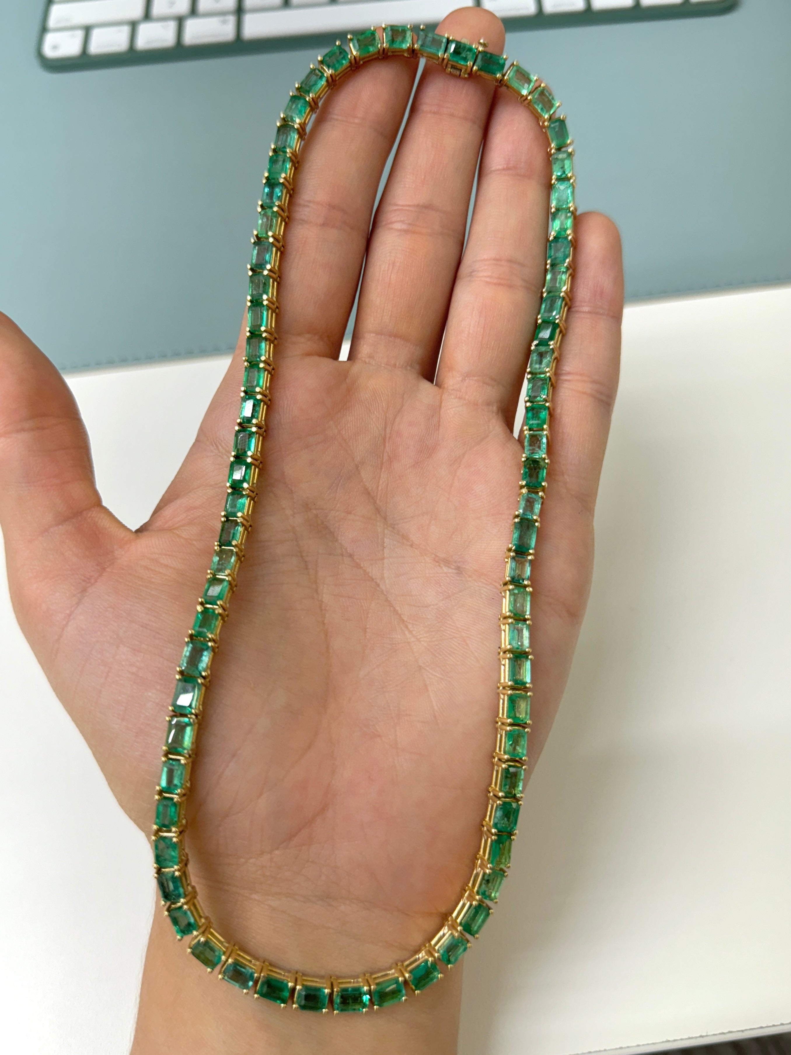 46.28 CARAT Large Emerald Cut Prong Tennis Necklace Solid 14K Yellow Gold