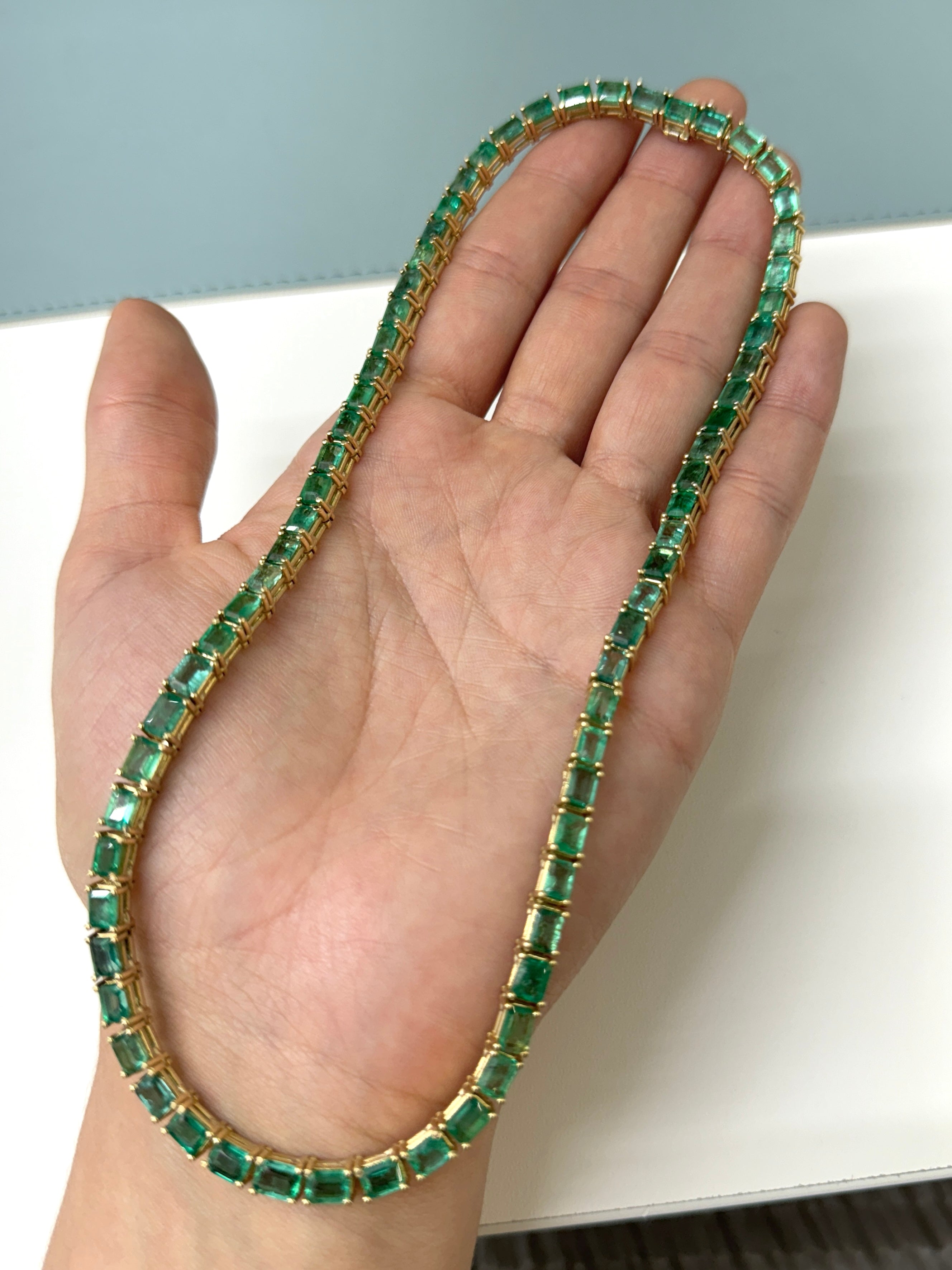 46.28 CARAT Large Emerald Cut Prong Tennis Necklace Solid 14K Yellow Gold