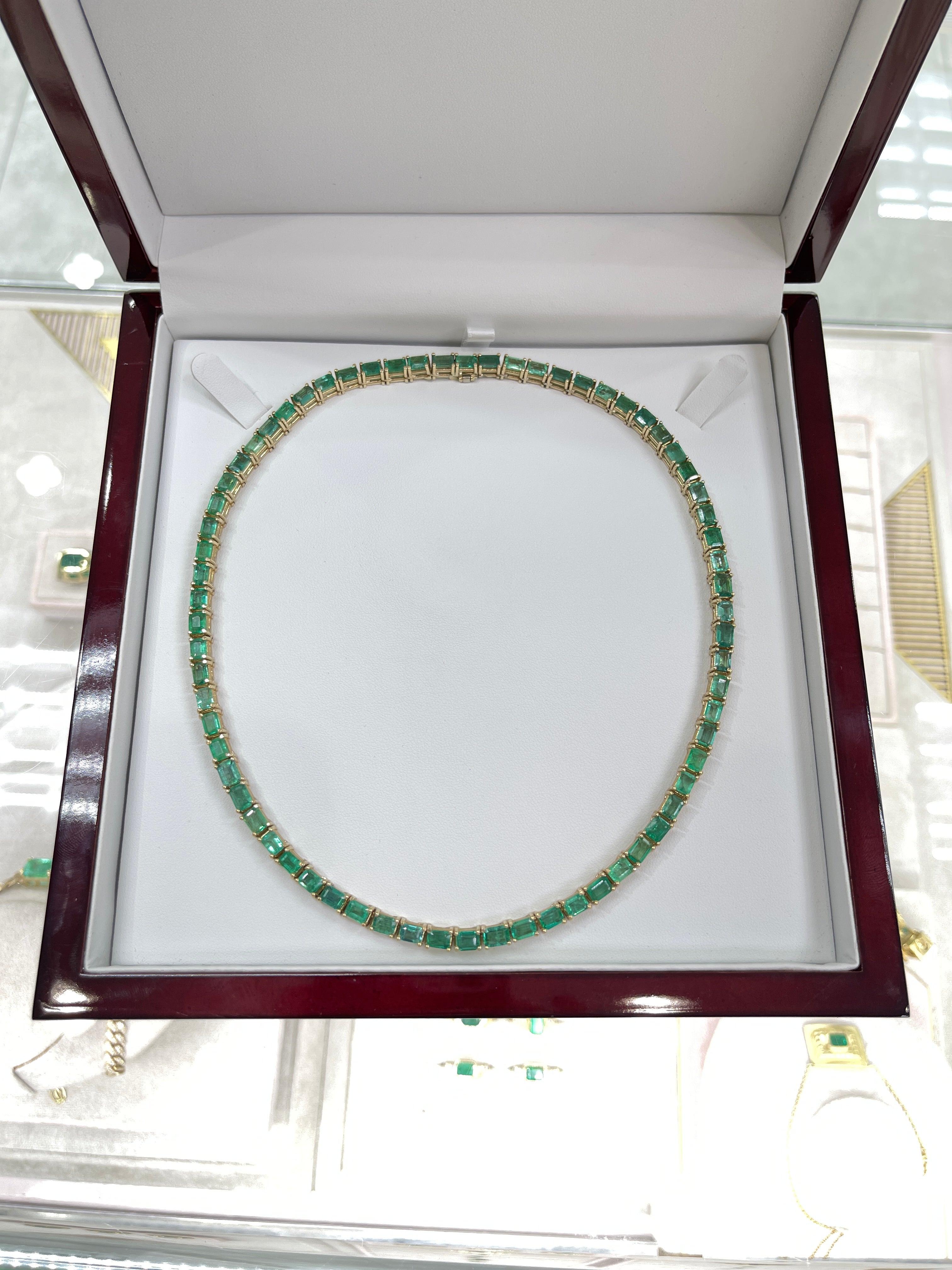 46.28 CARAT Large Emerald Cut Prong Tennis Necklace Solid 14K Yellow Gold