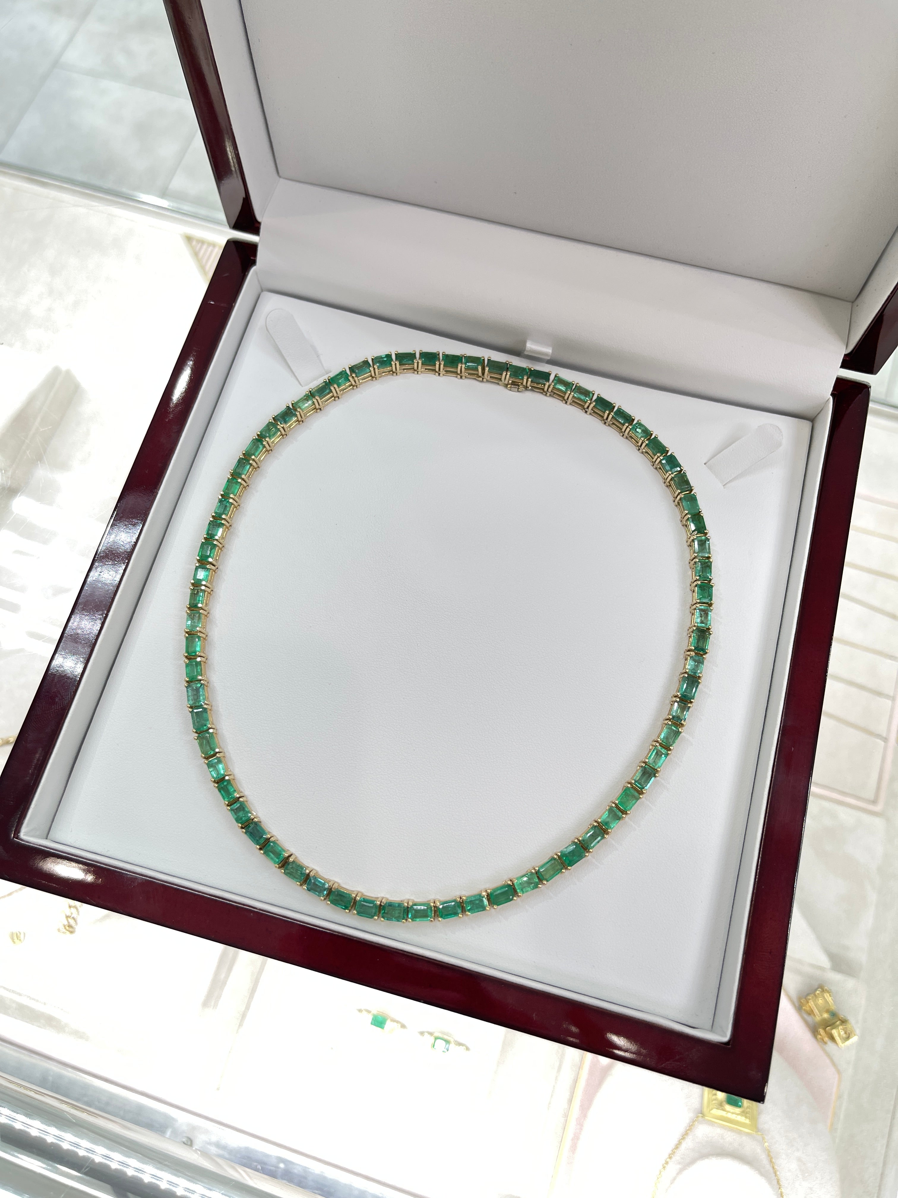 46.28 CARAT Large Emerald Cut Prong Tennis Necklace Solid 14K Yellow Gold