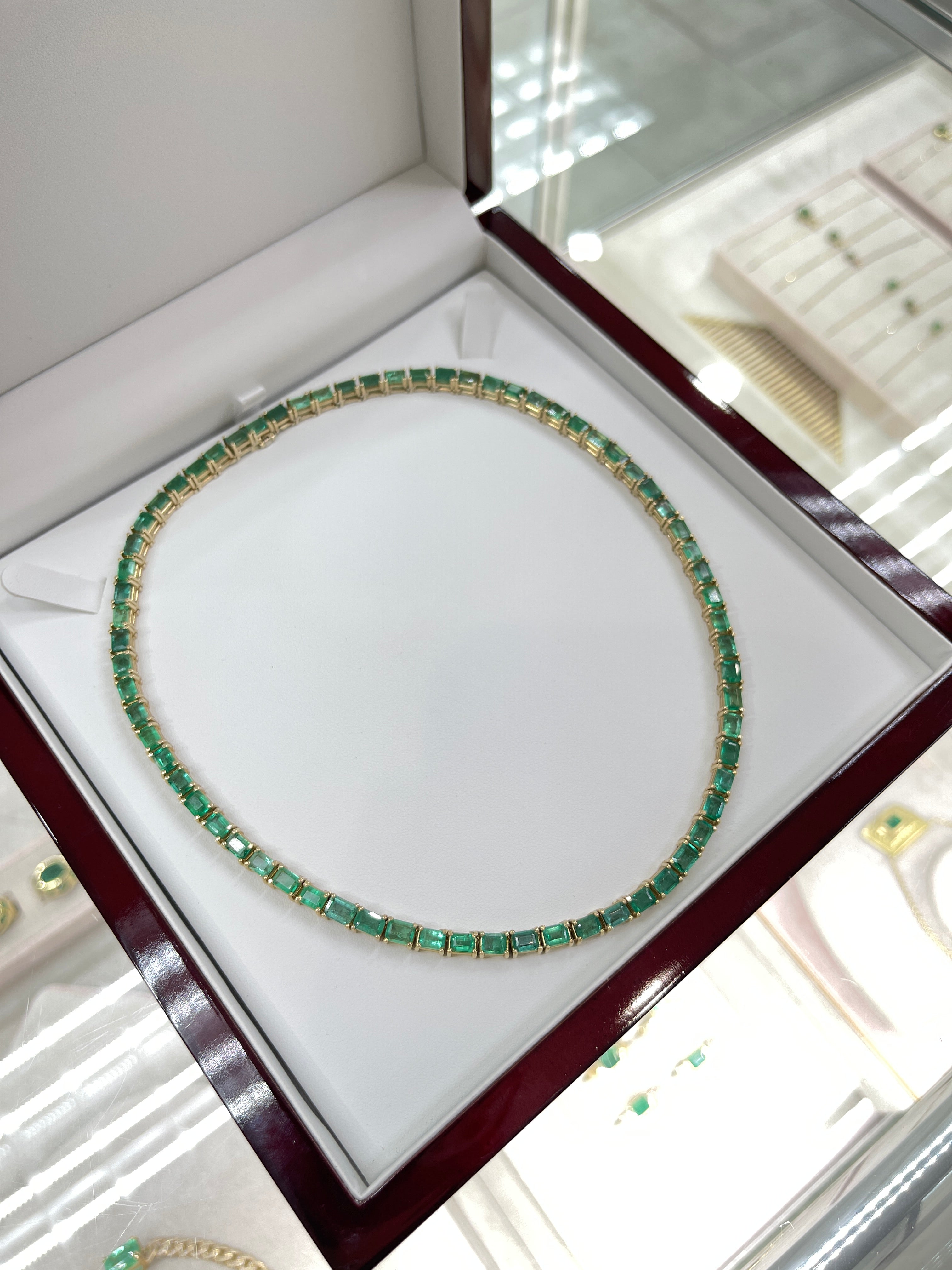 46.28 CARAT Large Emerald Cut Prong Tennis Necklace Solid 14K Yellow Gold