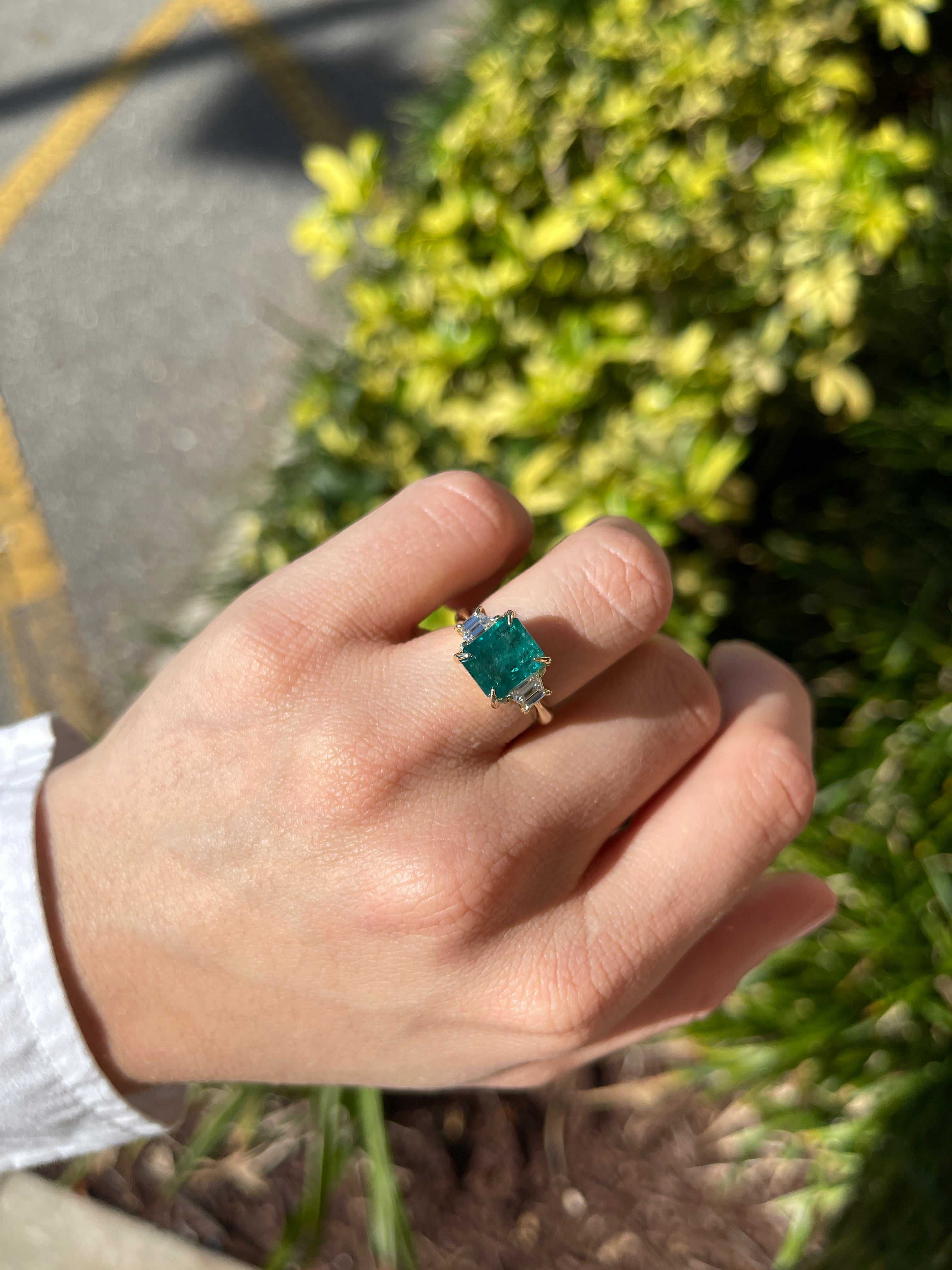 5.03tcw Natural Emerald & Trapezoid Lab Diamond Three Stone Ring 14K - JR Colombian Emeralds