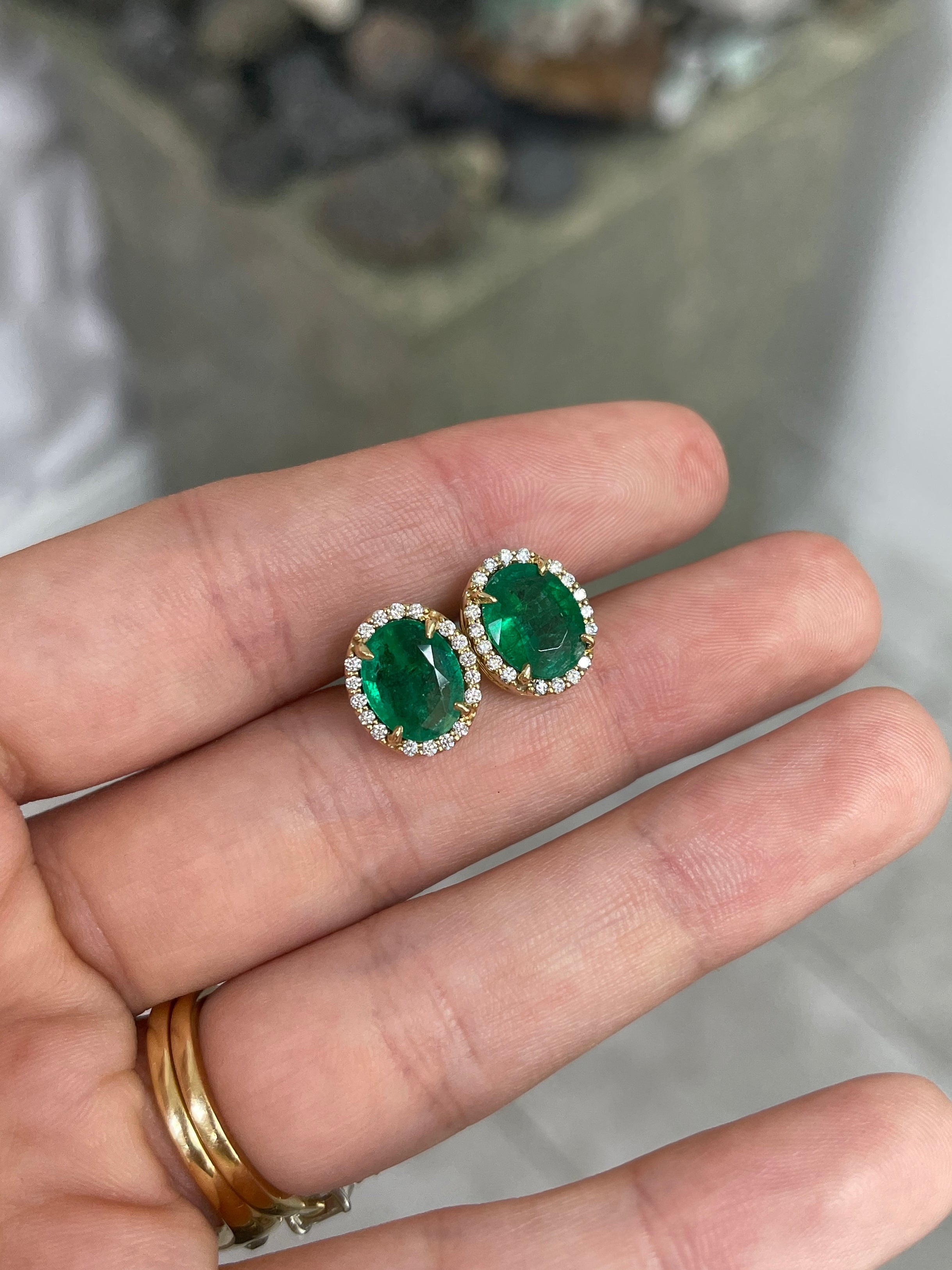 5.15tcw Oval Cut Natural Emerald & Diamond Halo Studs 14K - JR Colombian Emeralds