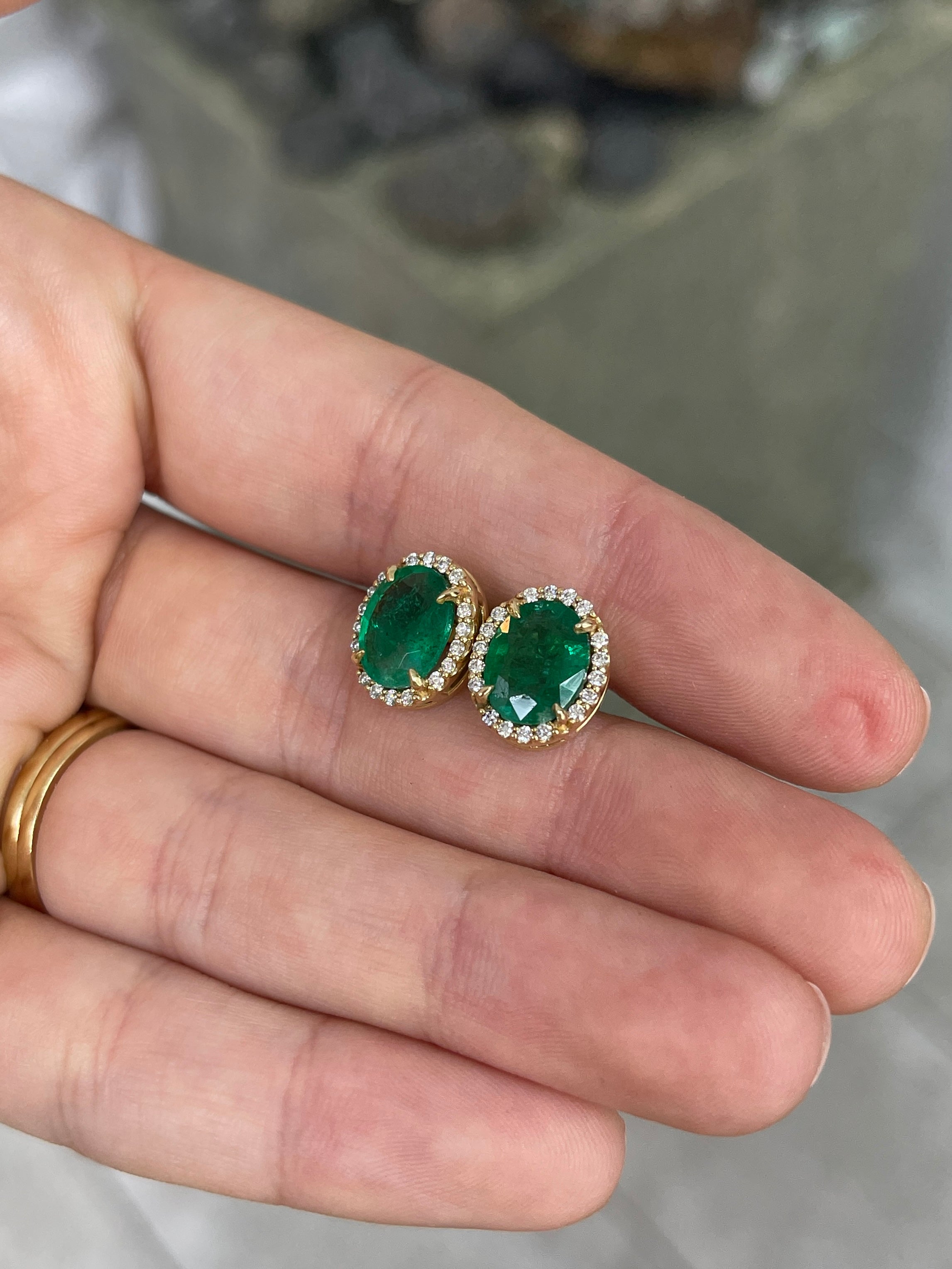 5.15tcw Oval Cut Natural Emerald & Diamond Halo Studs 14K - JR Colombian Emeralds
