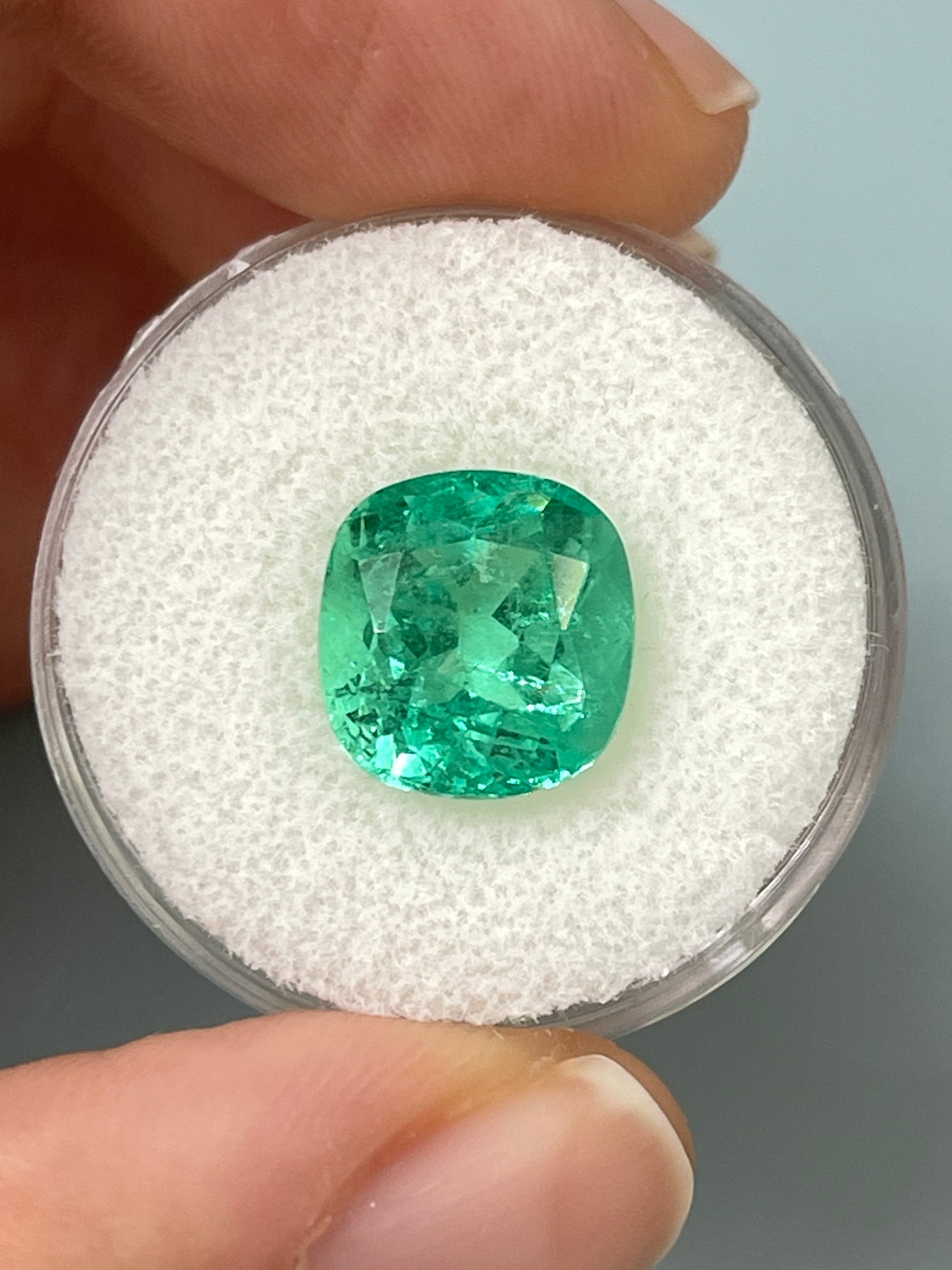 5.20 Carat 11x10.5 Bright Bluish Green Natural Loose Colombian Emerald-Cushion Cut - JR Colombian Emeralds