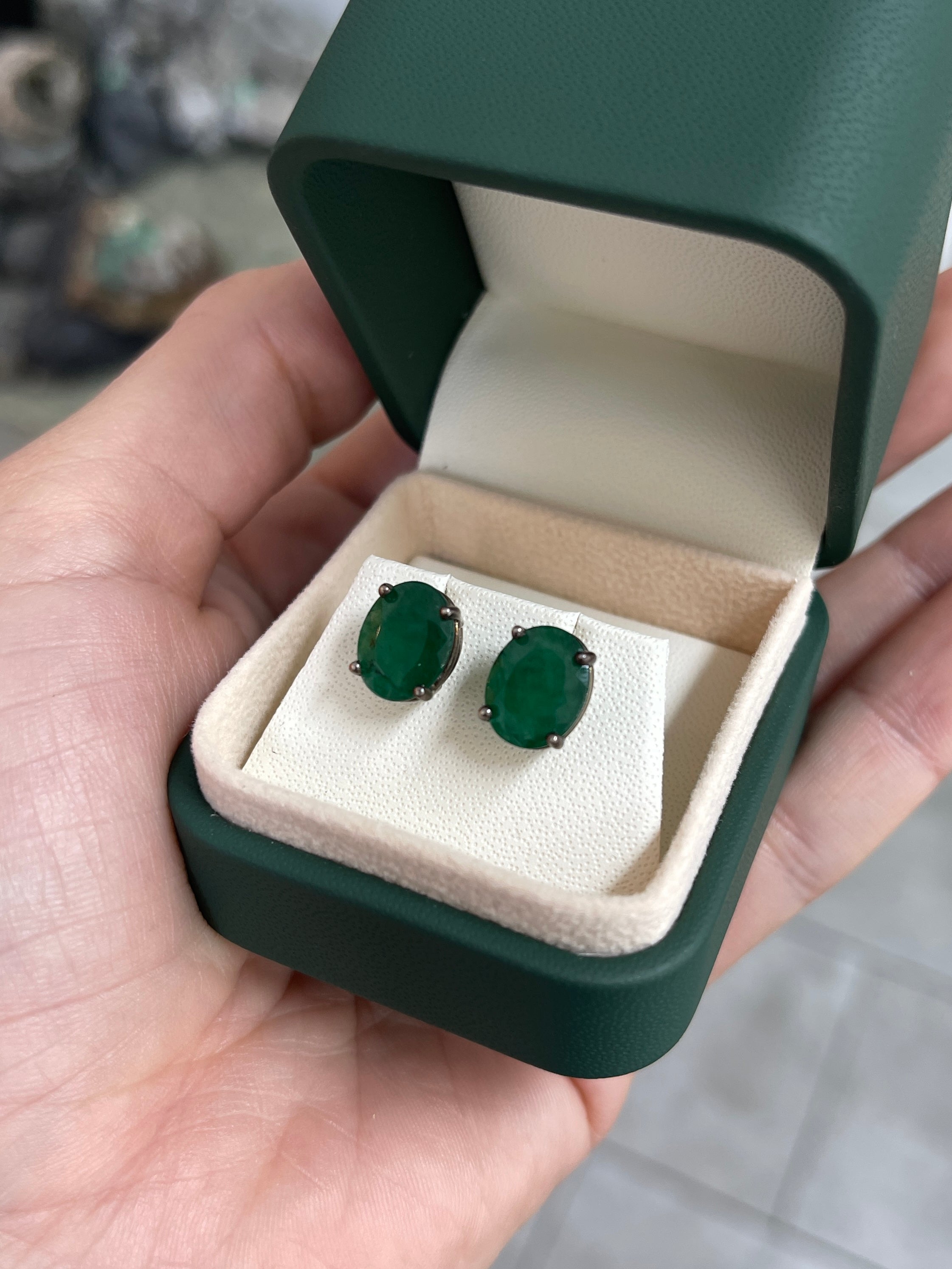 5.20tcw Dark Green Natural Oval Blackened Silver Stud Earrings - JR Colombian Emeralds