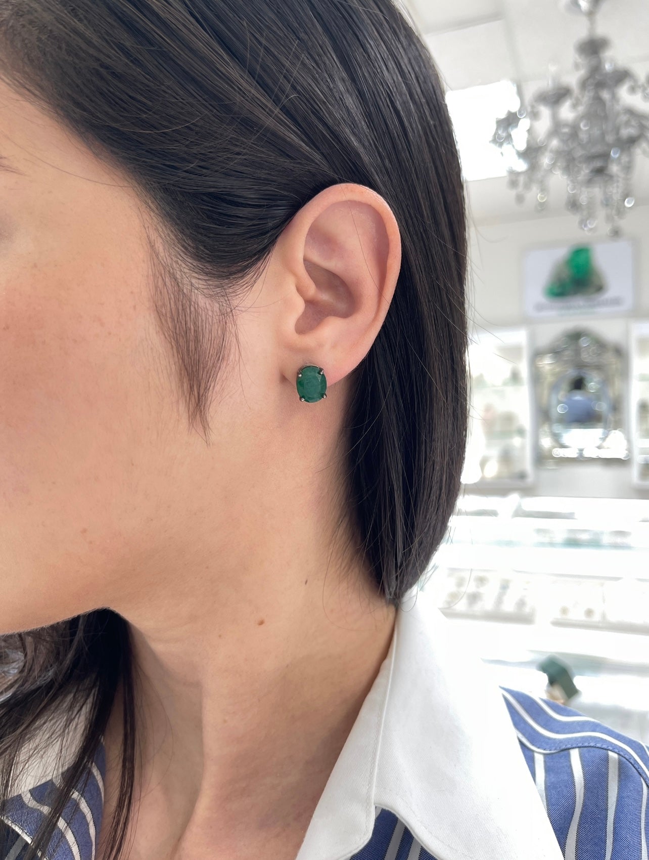 5.20tcw Dark Green Natural Oval Blackened Silver Stud Earrings - JR Colombian Emeralds
