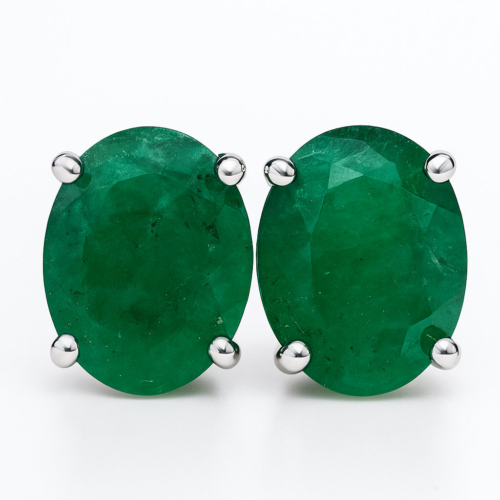 5.20tcw Dark Green Natural Oval Blackened Silver Stud Earrings - JR Colombian Emeralds