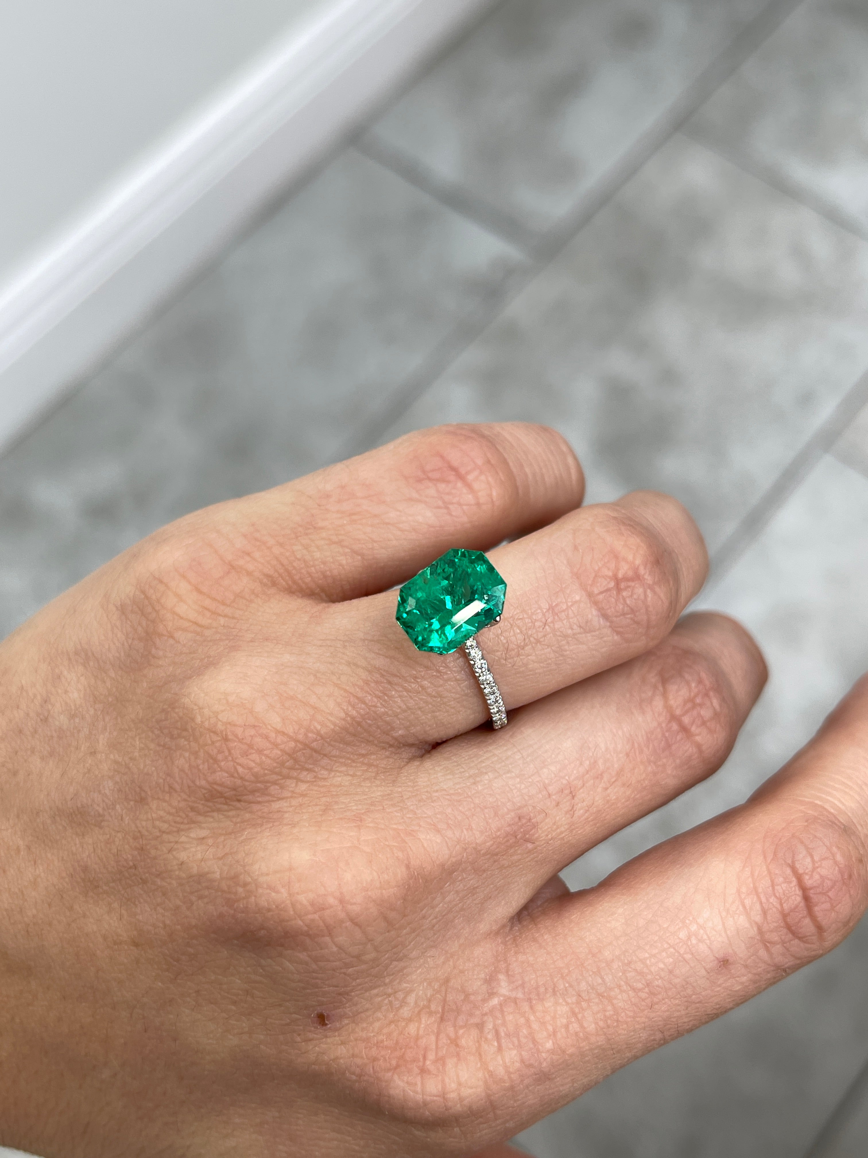 5.21 Carat 11.5x9 Vivid Bluish Green Emerald Cut Colombian Emerald with Clipped Corners - JR Colombian Emeralds