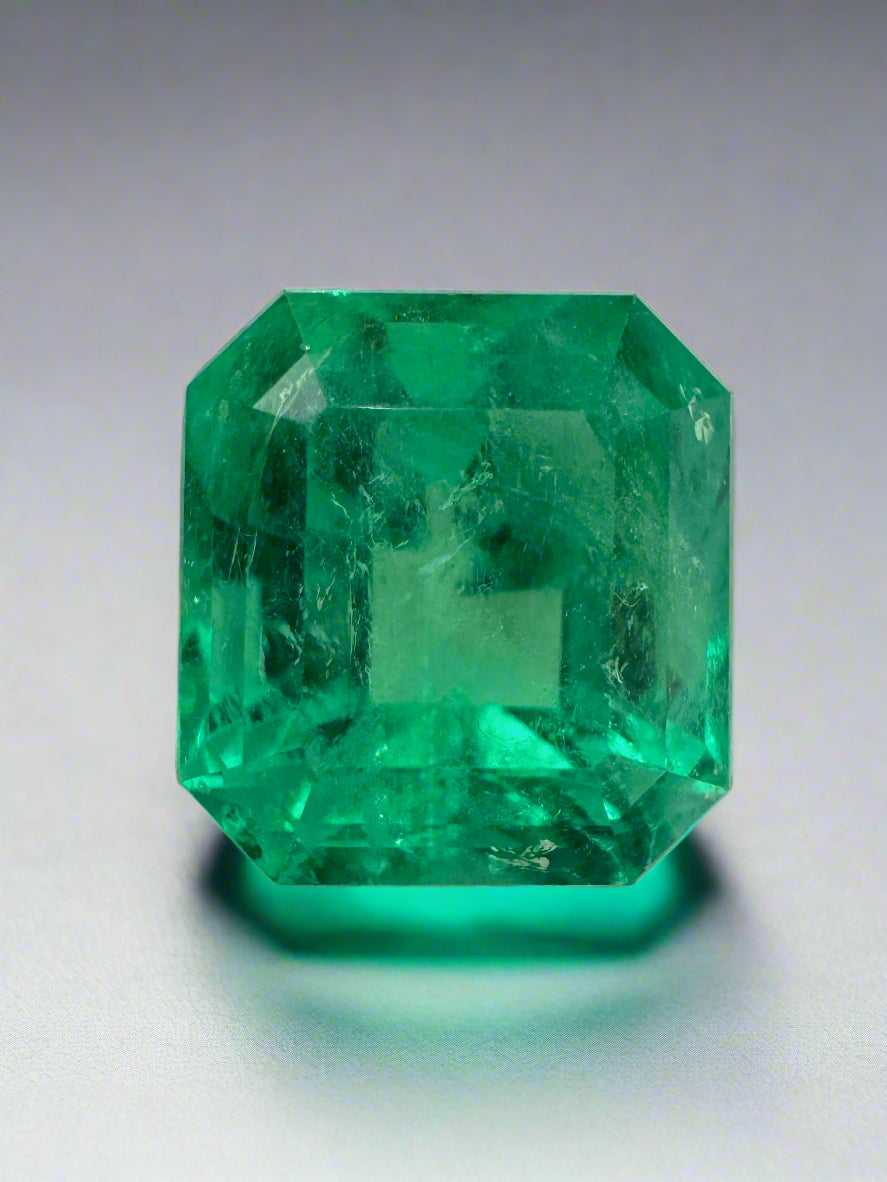 Vibrant 5.29 carat Colombian emerald in 10.5x10mm Asscher cut, loose gemstone from JR Colombian Emeralds.