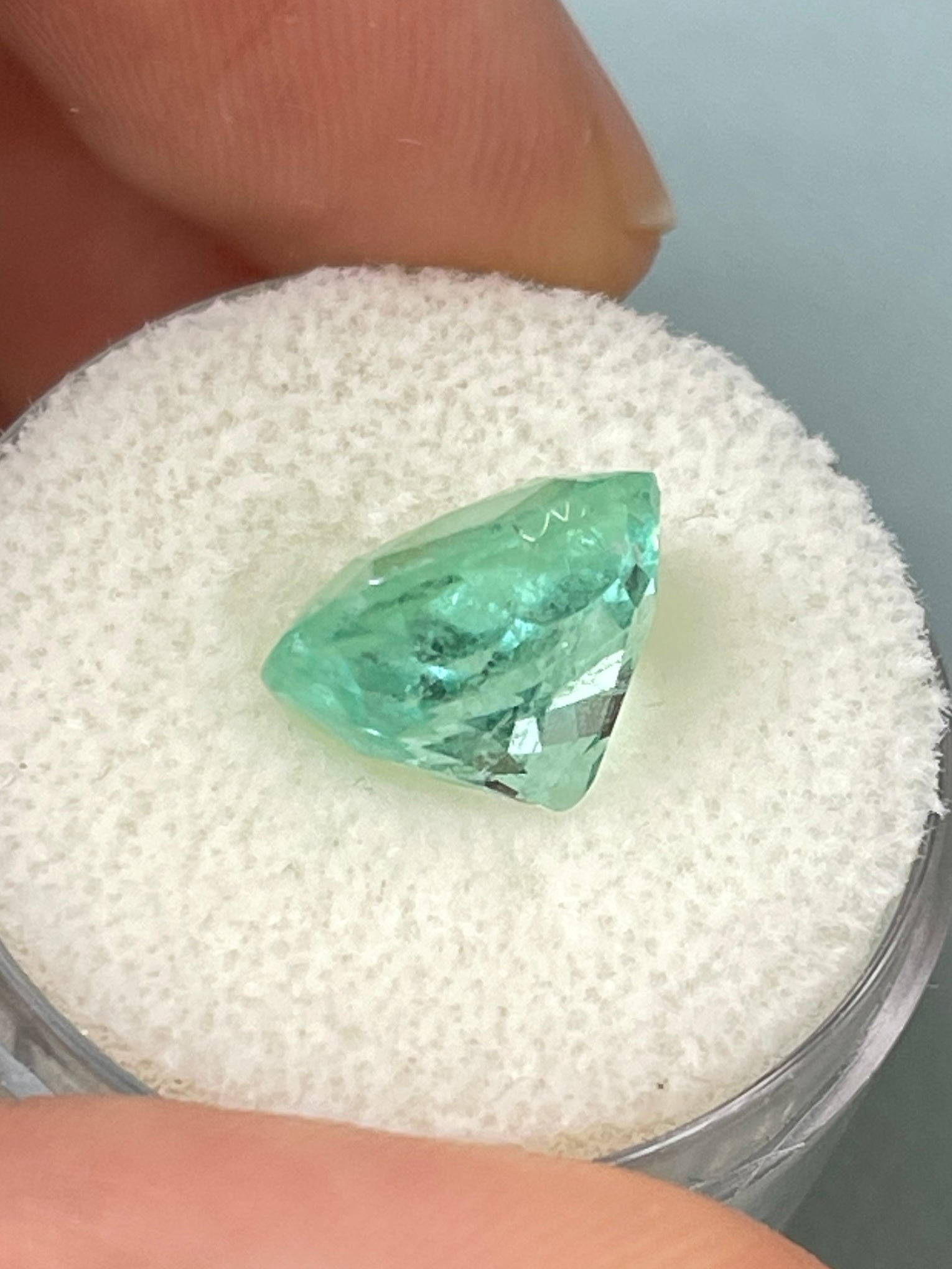 Seafoam green 5.38 carat natural Colombian emerald cushion cut, loose gemstone from JR Colombian Emeralds.