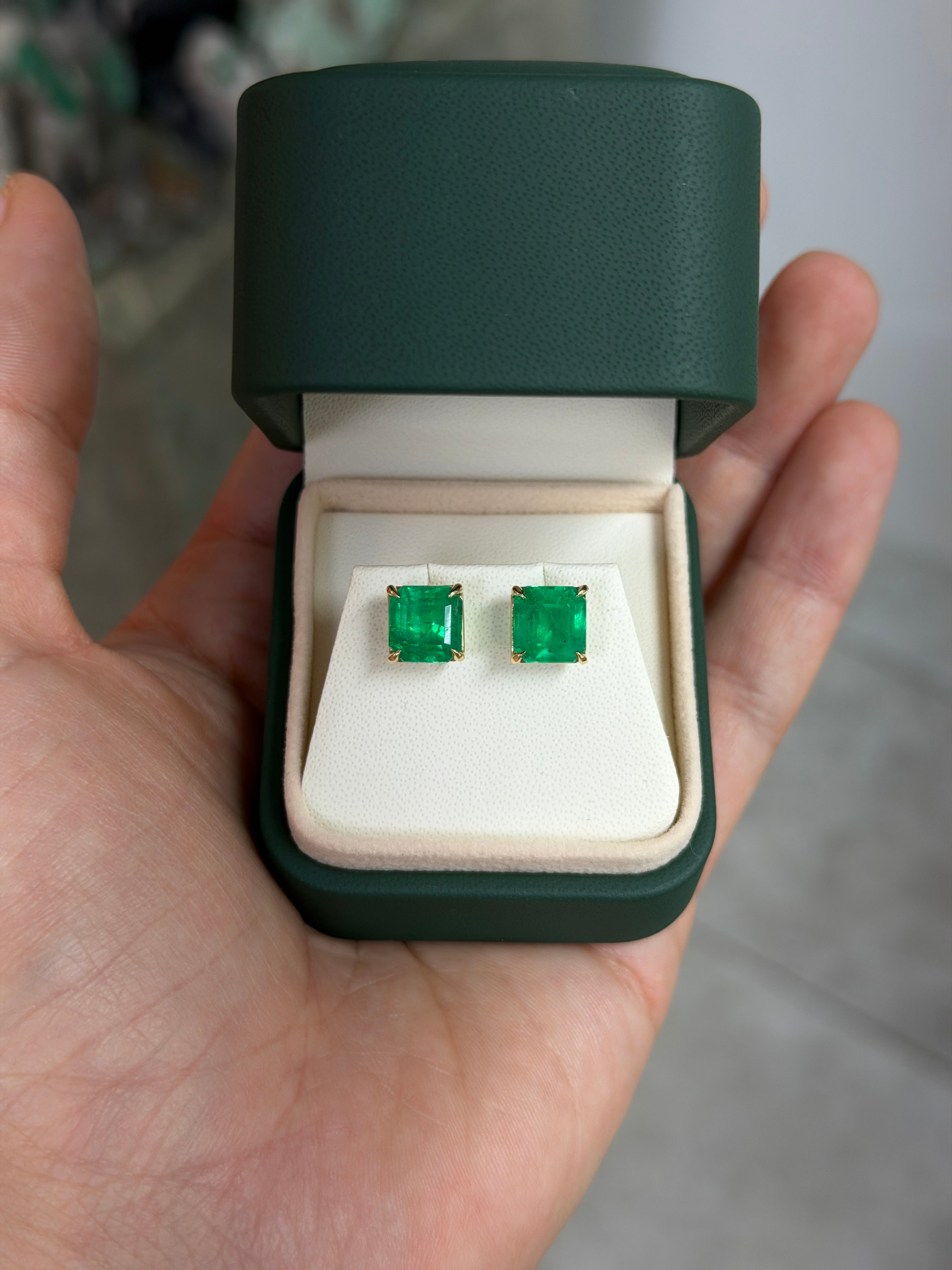 5.39tcw Fine Muzo Green Asscher Cut Colombian Emerald Studs 18K