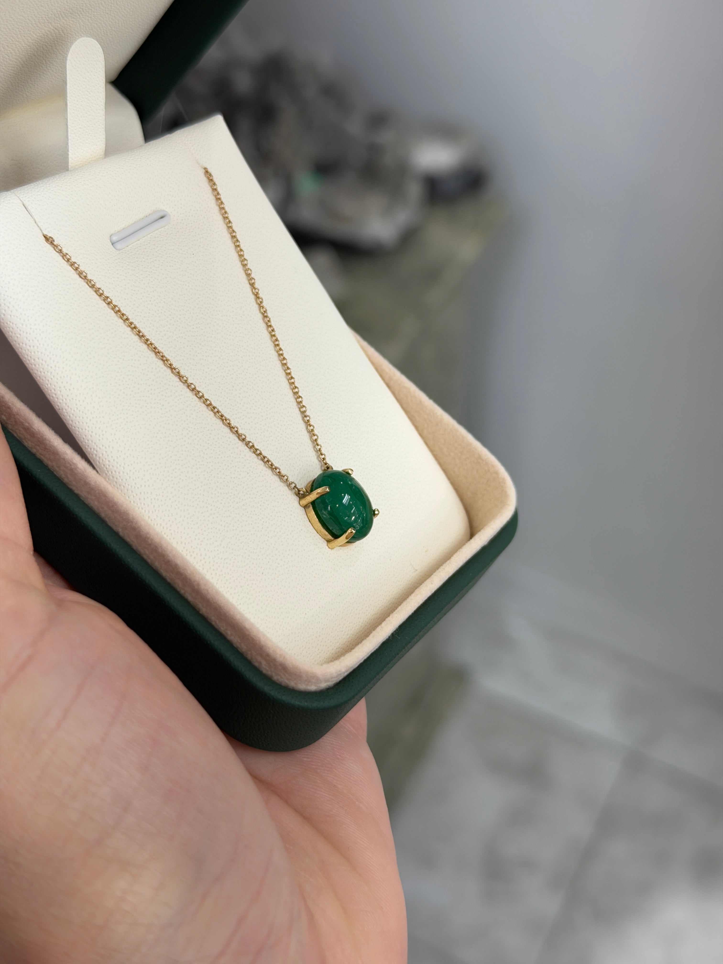 5.50 Carat Zambian Emerald Cabochon Cut Solitaire Necklace 14K - JR Colombian Emeralds