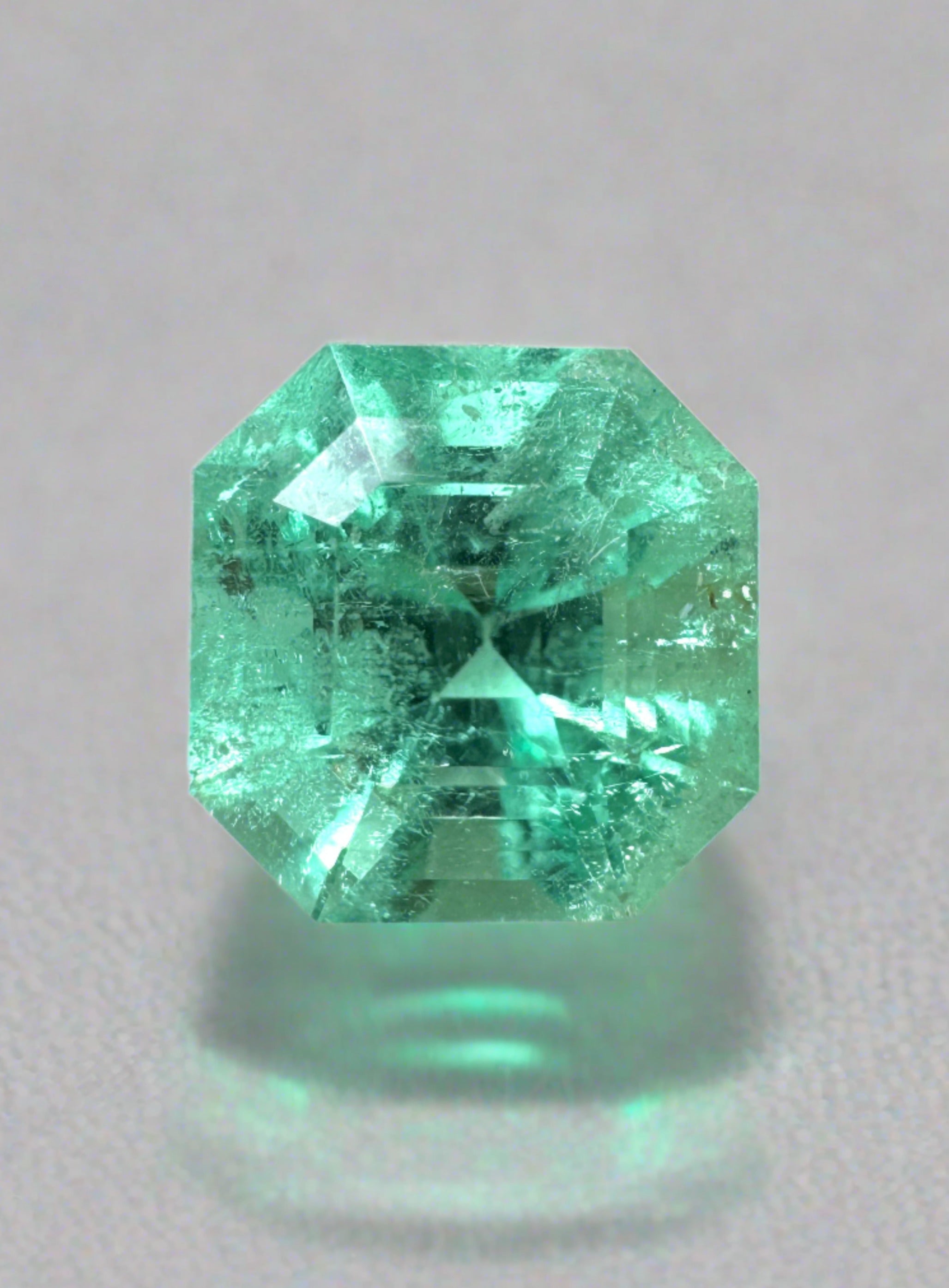 5.56-carat spring green Colombian emerald loose Asscher cut with natural clarity, from JR Colombian Emeralds.